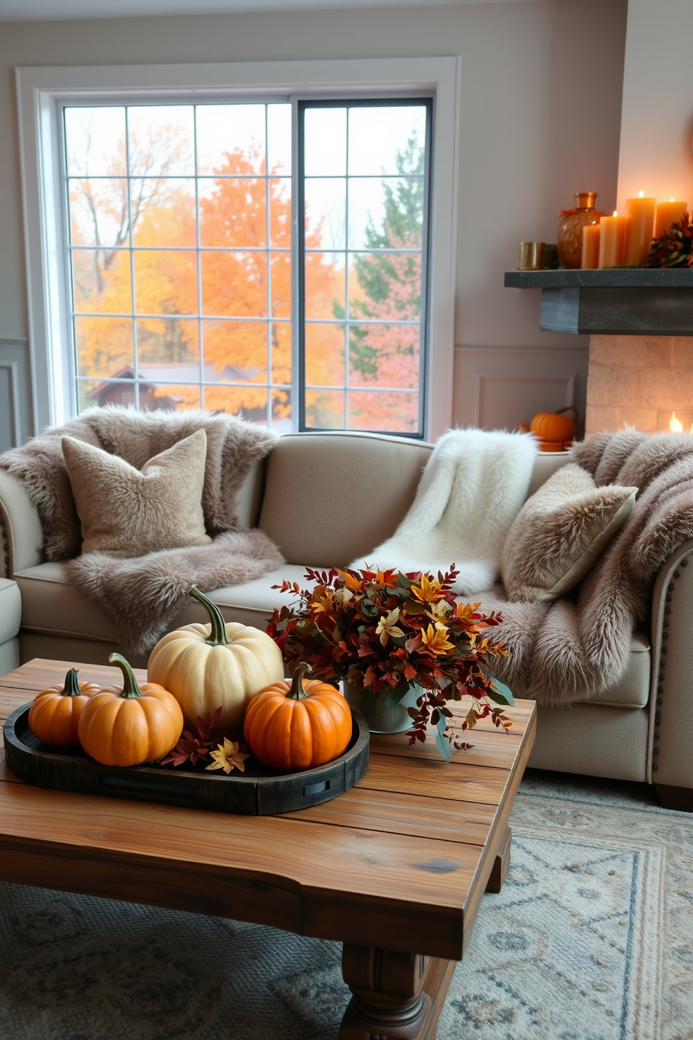 A cozy living room setting featuring a plush sofa adorned with soft faux fur blankets in warm neutral tones. The space is complemented by autumn-inspired decor, including pumpkins and seasonal foliage arranged on a rustic wooden coffee table. Golden-hued candles flicker softly on the mantelpiece, enhancing the warm ambiance. A large window showcases the vibrant fall colors outside, creating a perfect backdrop for this inviting retreat.