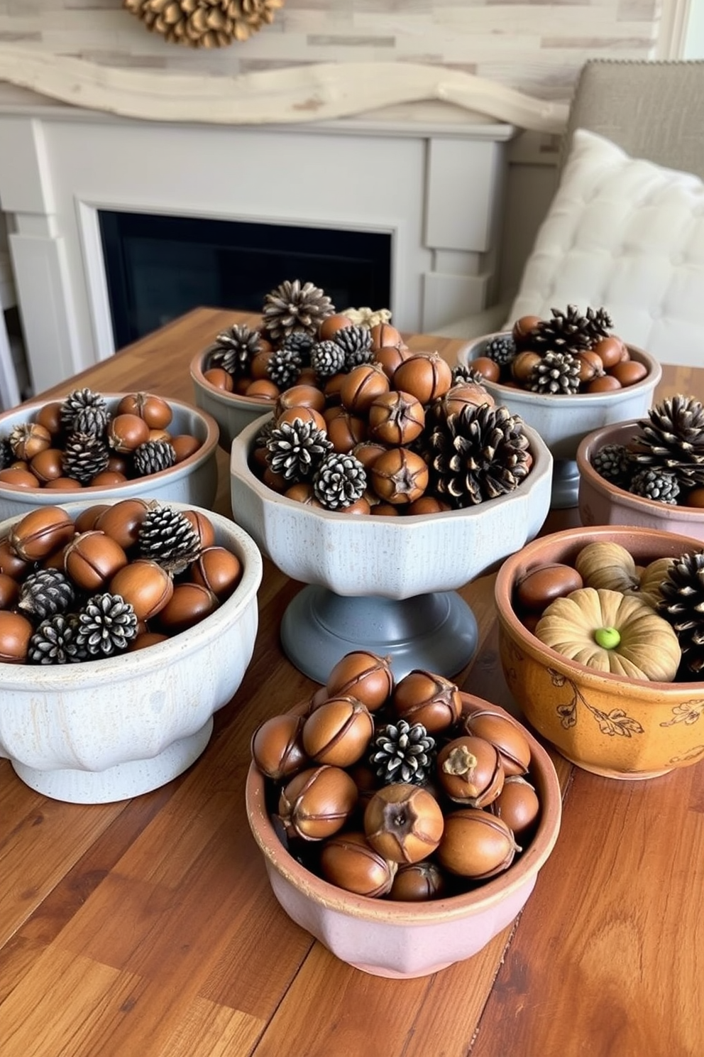 A collection of decorative bowls filled with acorns and pinecones arranged on a rustic wooden table. The warm autumn colors of the natural elements complement the cozy atmosphere of the room.