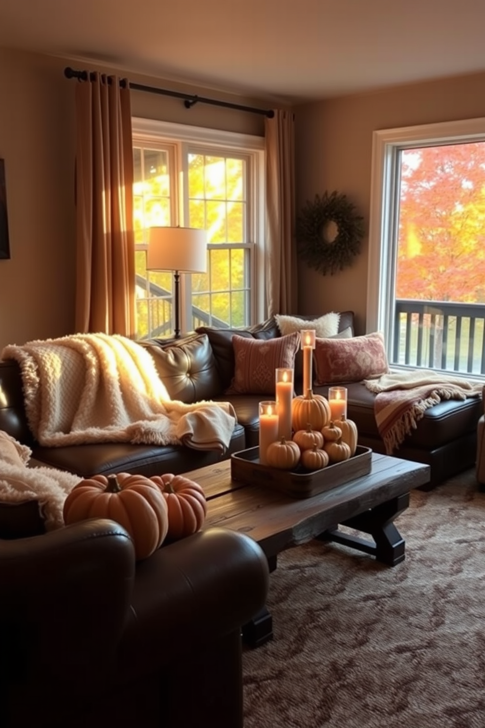 A cozy living room adorned with warm lighting casting soft yellow hues. Plush throw blankets drape over a deep brown leather sofa, and a rustic wooden coffee table is topped with seasonal decorations. Pumpkins of varying sizes are artfully arranged on the table alongside flickering candles. A large window showcases the vibrant fall foliage outside, enhancing the inviting atmosphere of the space.