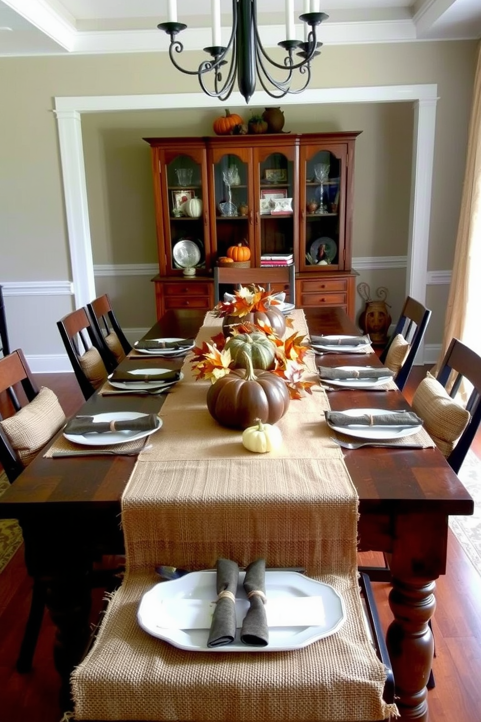 A warm dining room setting featuring a long wooden table adorned with burlap table runners that add rustic charm. The table is set with seasonal decorations including pumpkins and autumn leaves, creating a cozy atmosphere perfect for gatherings.