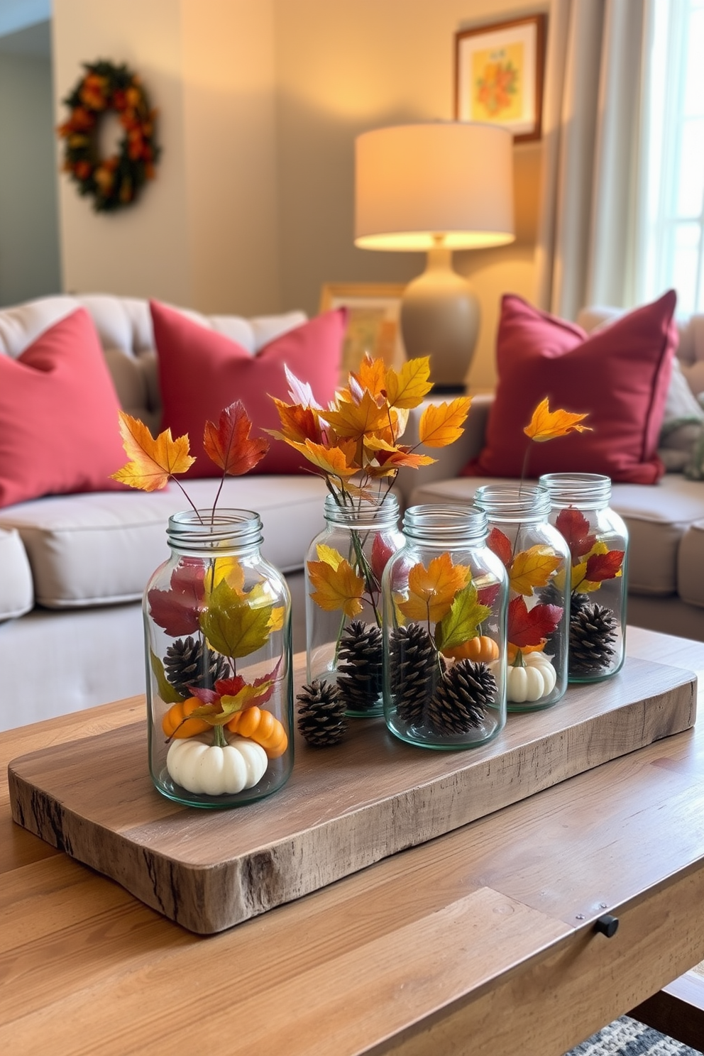 A cozy living room adorned with glass jars filled with seasonal decor. The jars are arranged on a rustic wooden coffee table, showcasing vibrant autumn leaves, mini pumpkins, and pinecones. Soft, warm lighting from a nearby lamp casts a gentle glow over the space. A plush, neutral-colored sofa is accented with throw pillows in rich fall hues, creating an inviting atmosphere.