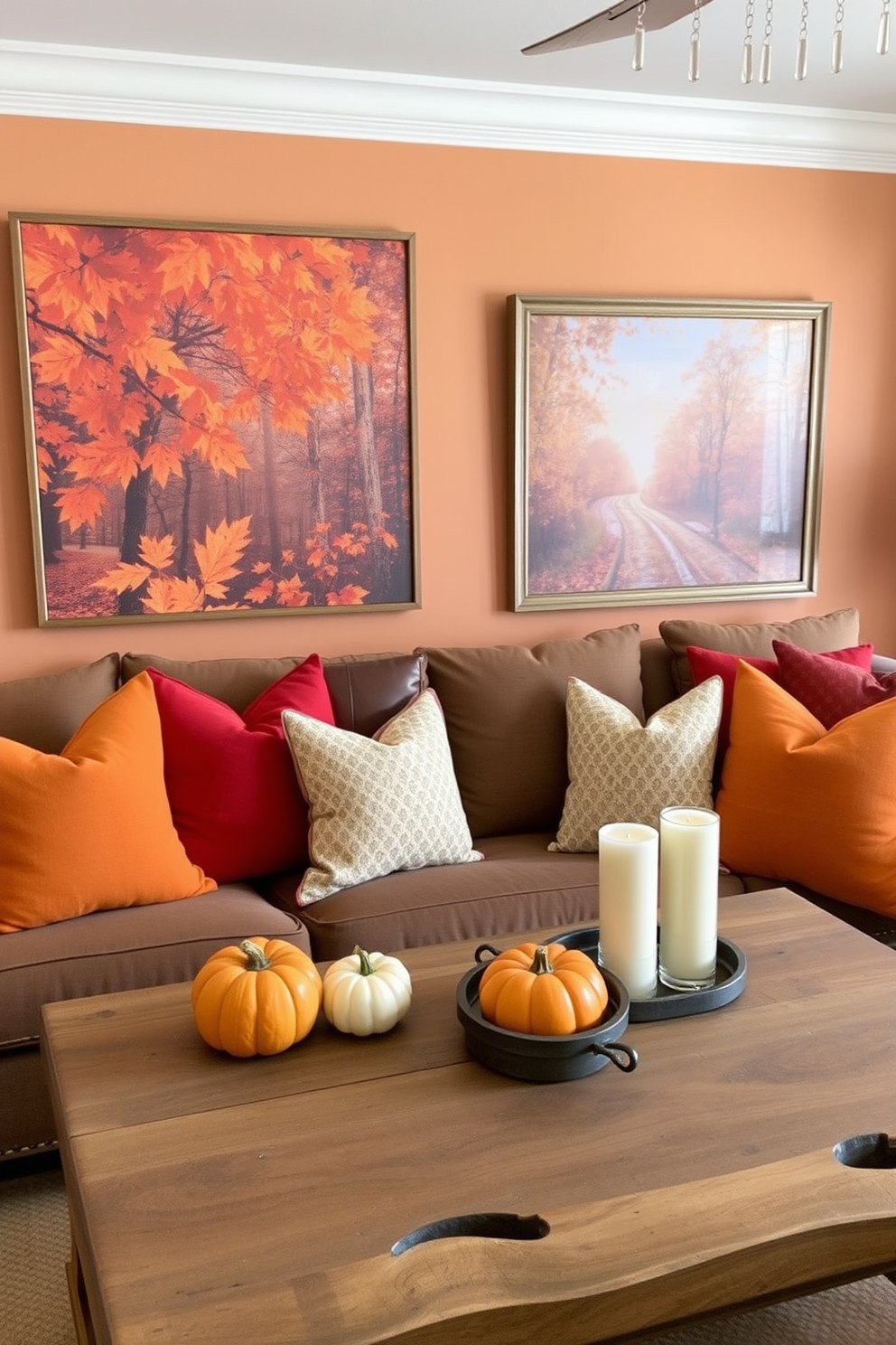 Autumn-themed prints adorn the walls, showcasing vibrant leaves and cozy harvest scenes. The warm color palette creates a welcoming atmosphere, inviting guests to embrace the seasonal charm. Incorporate plush throw pillows in rich oranges and deep reds to enhance the fall aesthetic. A rustic wooden coffee table is adorned with small pumpkins and candles, adding a touch of festive elegance.