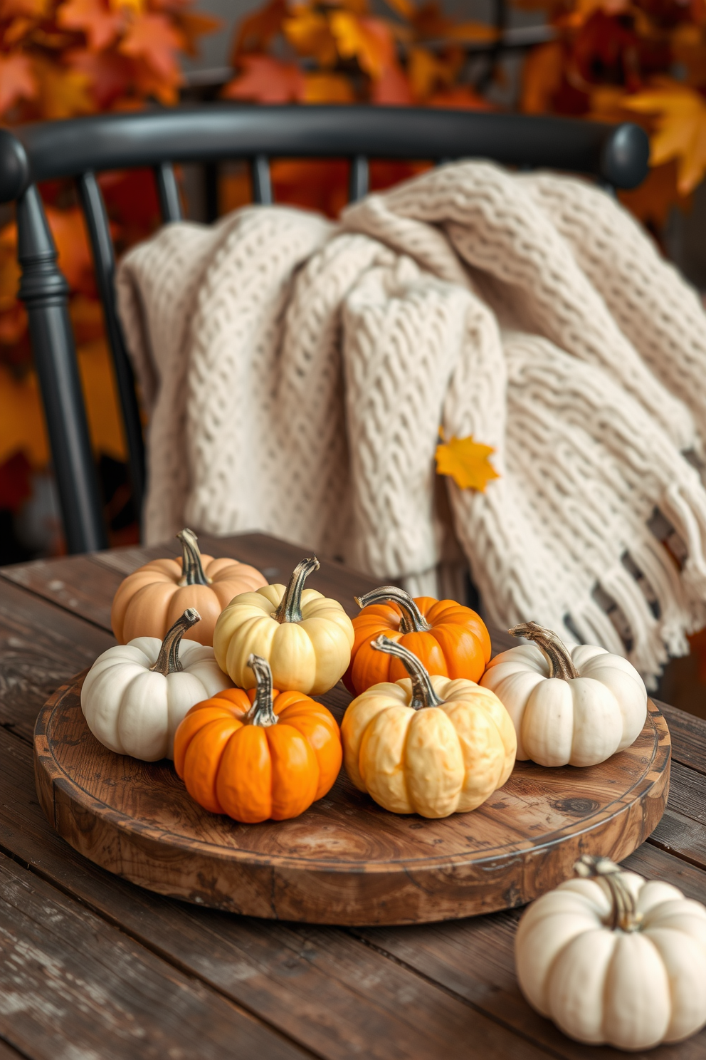 A cozy fall scene featuring mini pumpkins in assorted colors arranged on a rustic wooden table. The background showcases warm autumn leaves and a soft, knitted throw draped casually over a nearby chair.