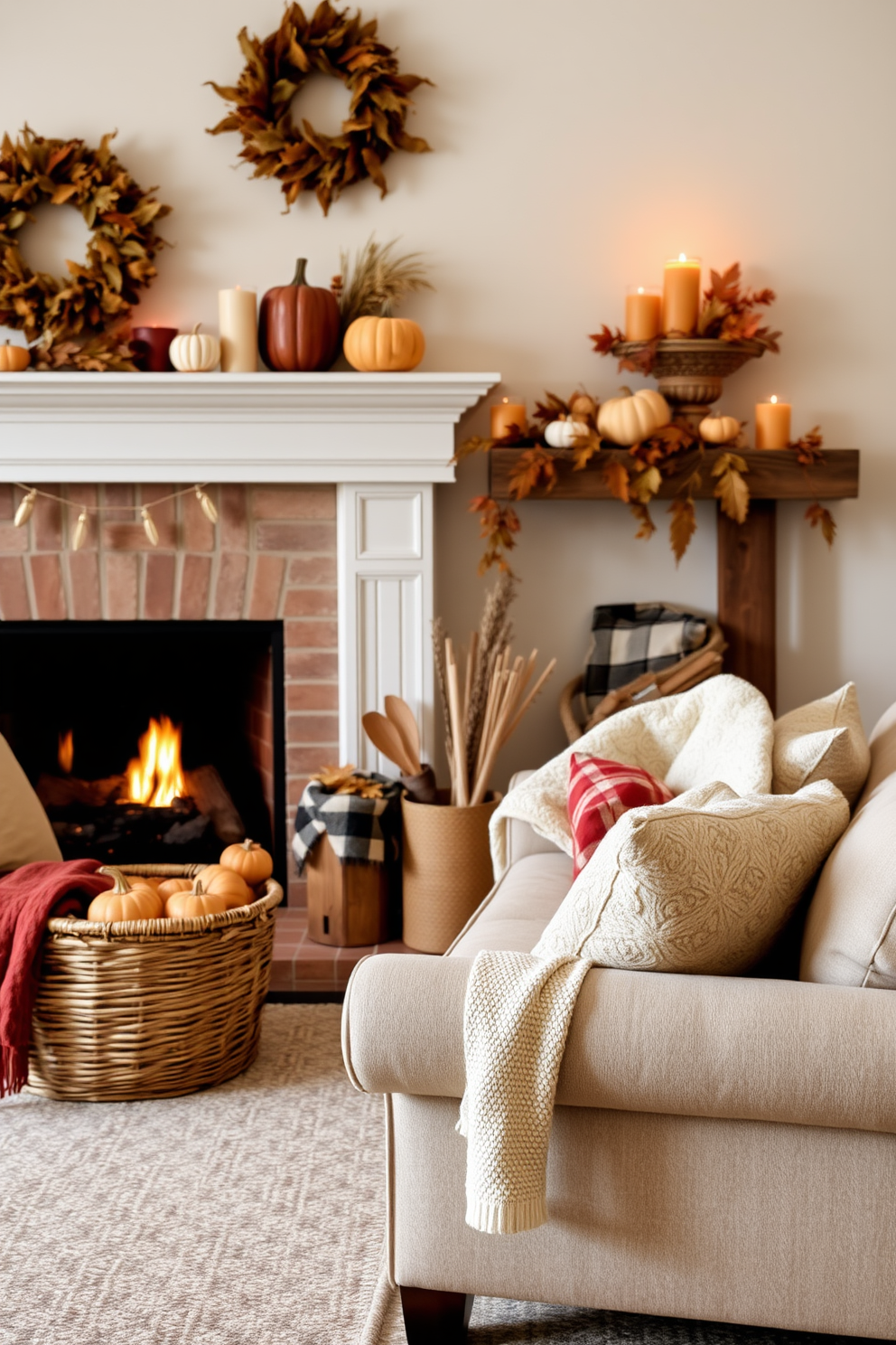 A cozy living room featuring a fireplace adorned with seasonal decor. The mantel is decorated with pumpkins, autumn leaves, and candles in warm hues to create a welcoming atmosphere. Soft, plush seating is arranged in a circle around the fireplace, inviting conversation and relaxation. A woven basket filled with cozy blankets sits nearby, perfect for chilly fall evenings.