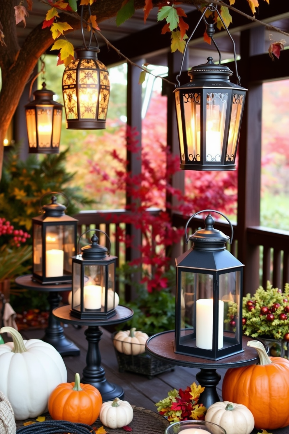 Create an inviting outdoor space featuring decorative lanterns. The lanterns are hung from tree branches and placed on tables, casting a warm glow over the autumn foliage. Incorporate fall decorating ideas that include pumpkins and colorful leaves. Arrange the pumpkins in varying sizes around the lanterns to enhance the seasonal ambiance.