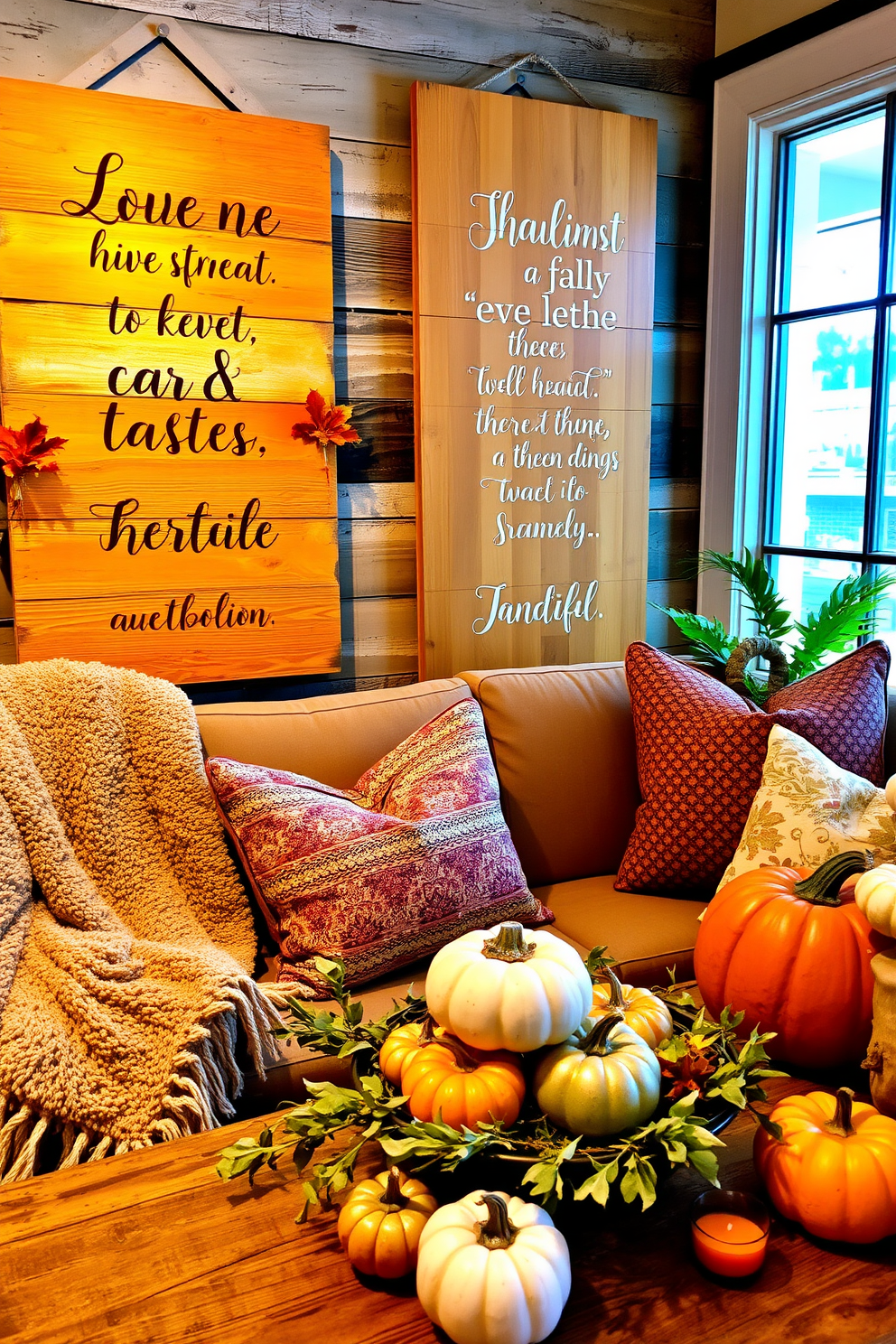 Wooden signs adorned with inspirational fall quotes are displayed against a rustic backdrop. The signs feature warm colors like orange and brown, complemented by decorative elements such as small pumpkins and autumn leaves. A cozy living space is enhanced with fall-themed decor, including plush throw blankets and seasonal pillows. The ambiance is inviting, with soft lighting and a centerpiece made of gourds and candles, creating a perfect autumn atmosphere.