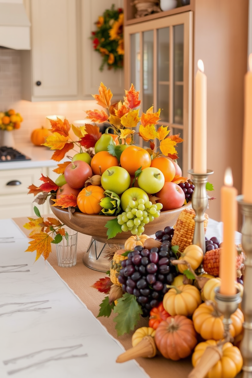 A warm and inviting kitchen counter adorned with a vibrant seasonal fruit arrangement. The display features an assortment of apples, pears, and oranges nestled in a rustic wooden bowl, surrounded by autumn leaves and small pumpkins. A cozy dining table set for fall with a centerpiece of colorful fruits and gourds. The arrangement includes clusters of grapes, figs, and decorative corn, complemented by candles in warm hues to enhance the seasonal ambiance.