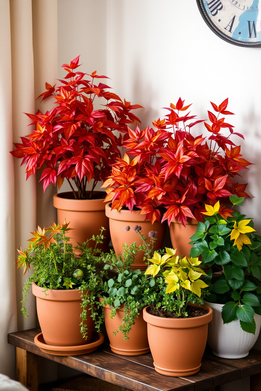 A cozy autumn-inspired living room featuring terracotta pots filled with vibrant seasonal plants. The warm colors of the foliage complement the soft textures of the surrounding decor, creating an inviting atmosphere. The terracotta pots are arranged on a rustic wooden shelf, showcasing a variety of plants that reflect the beauty of fall. Soft, ambient lighting enhances the rich hues of the leaves and the earthy tones of the pots, making the space feel warm and welcoming.