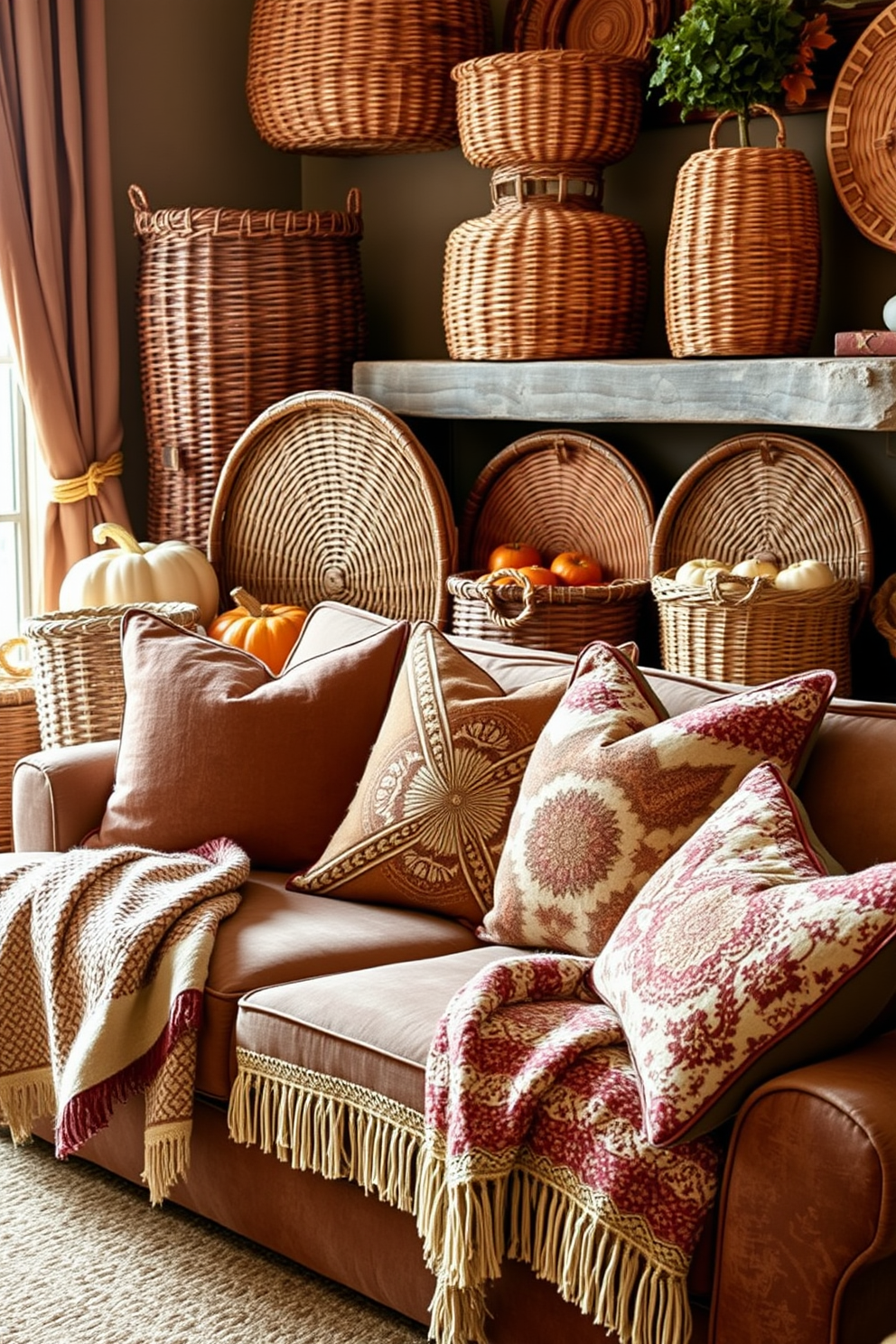 Layered textures create a warm and inviting atmosphere in a fall-themed living room. Woven baskets in various sizes are strategically placed around the space, adding both functionality and a rustic charm. Rich, earthy tones dominate the color palette, with deep oranges, browns, and muted greens enhancing the seasonal vibe. Plush throw blankets and decorative pillows feature intricate patterns, inviting comfort and relaxation.