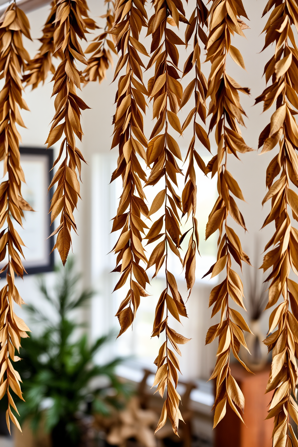 Hanging garlands made of dried leaves create a warm and inviting atmosphere in any space. The natural textures and earthy tones enhance the seasonal decor, adding a touch of rustic charm.