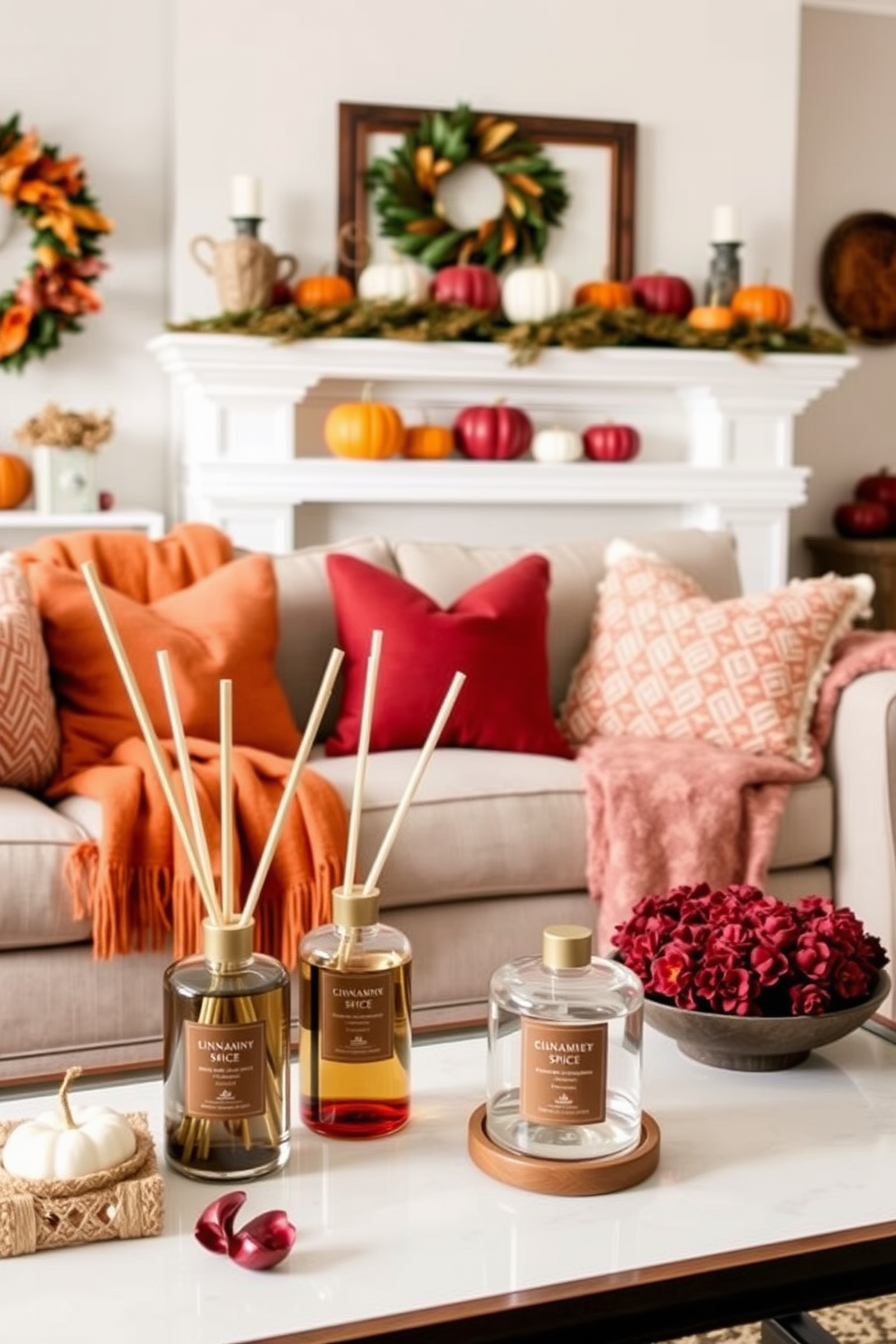 A cozy living room adorned with autumn-themed decor. There are elegant diffusers placed on the coffee table, releasing seasonal fragrances of cinnamon and pumpkin spice. Soft throw blankets in warm hues are draped over the sofa, complementing the rich orange and deep red accents throughout the space. Decorative pumpkins and gourds are arranged on the mantel, adding a festive touch to the fall-inspired ambiance.