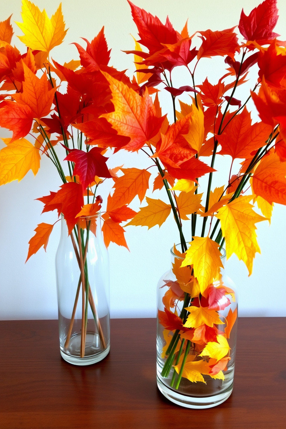 Crisp autumn leaves in glass vases create a warm and inviting atmosphere. The vibrant colors of red, orange, and yellow leaves contrast beautifully with the clear glass, enhancing the seasonal decor.