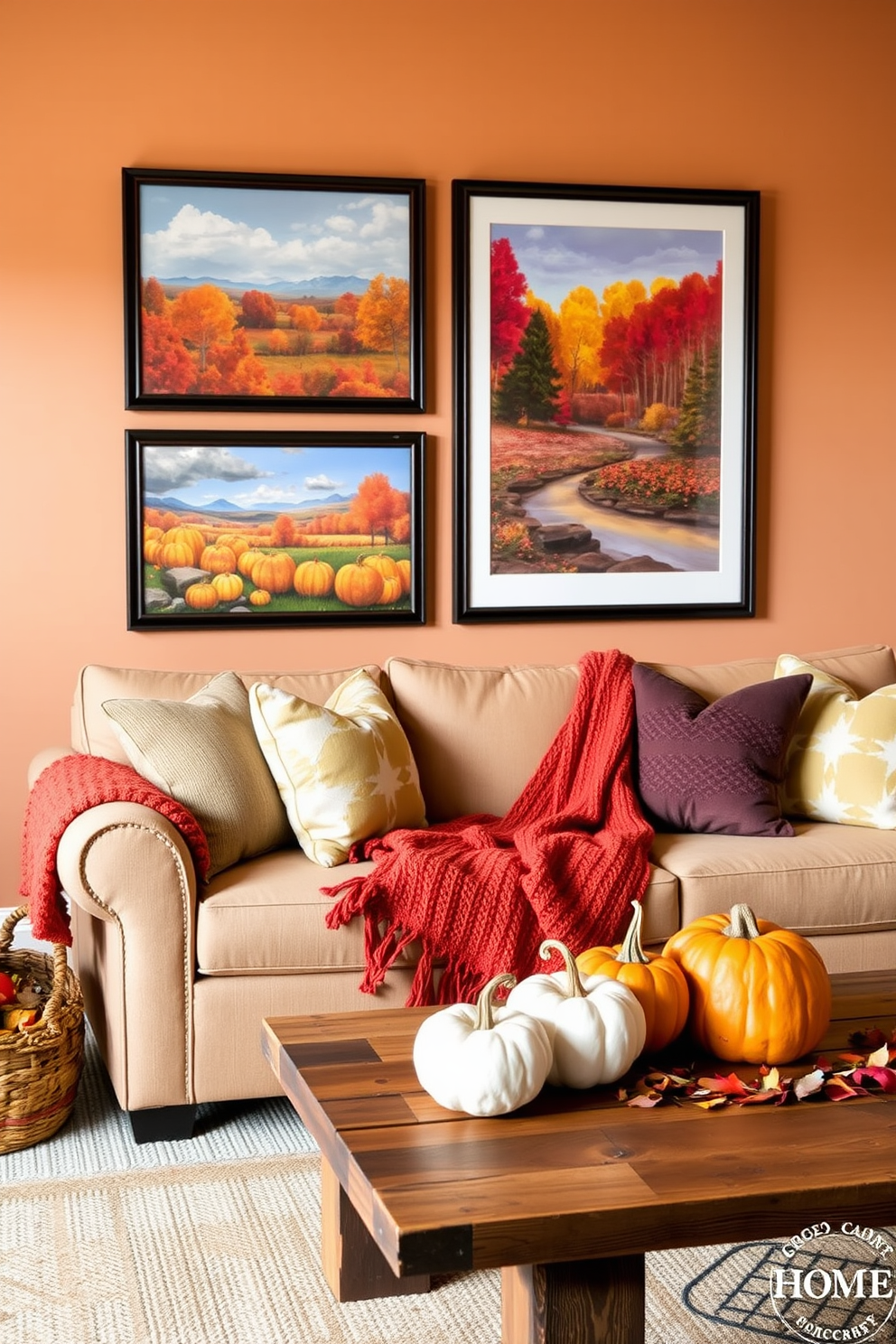 A cozy living room adorned with artwork featuring vibrant fall landscapes. The walls are painted in warm earthy tones, and a plush sofa is draped with a knitted throw in shades of orange and burgundy. Decorative pumpkins of various sizes are arranged on a rustic wooden coffee table. A woven basket filled with colorful leaves sits in the corner, adding to the autumn ambiance.