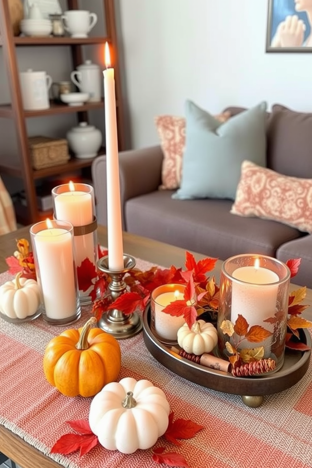 Cozy candle arrangements on tabletops create a warm and inviting atmosphere. Arrange various sizes of candles in decorative holders alongside seasonal elements like small pumpkins and autumn leaves. Fall decorating ideas can transform your space with rich colors and textures. Incorporate soft blankets and throw pillows in warm hues to enhance the cozy feel of your living area.