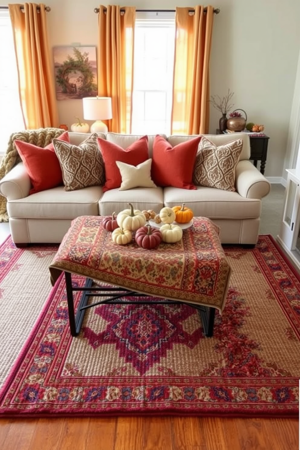 A cozy living room featuring layered rugs that add warmth and texture to the space. The base rug is a large neutral jute design, topped with a smaller, colorful Persian rug that adds a pop of color and intricate patterns. Autumn decorations are tastefully arranged throughout the room. A collection of small pumpkins in varying sizes and colors sit on the coffee table, complemented by warm-toned throw pillows on the sofa.