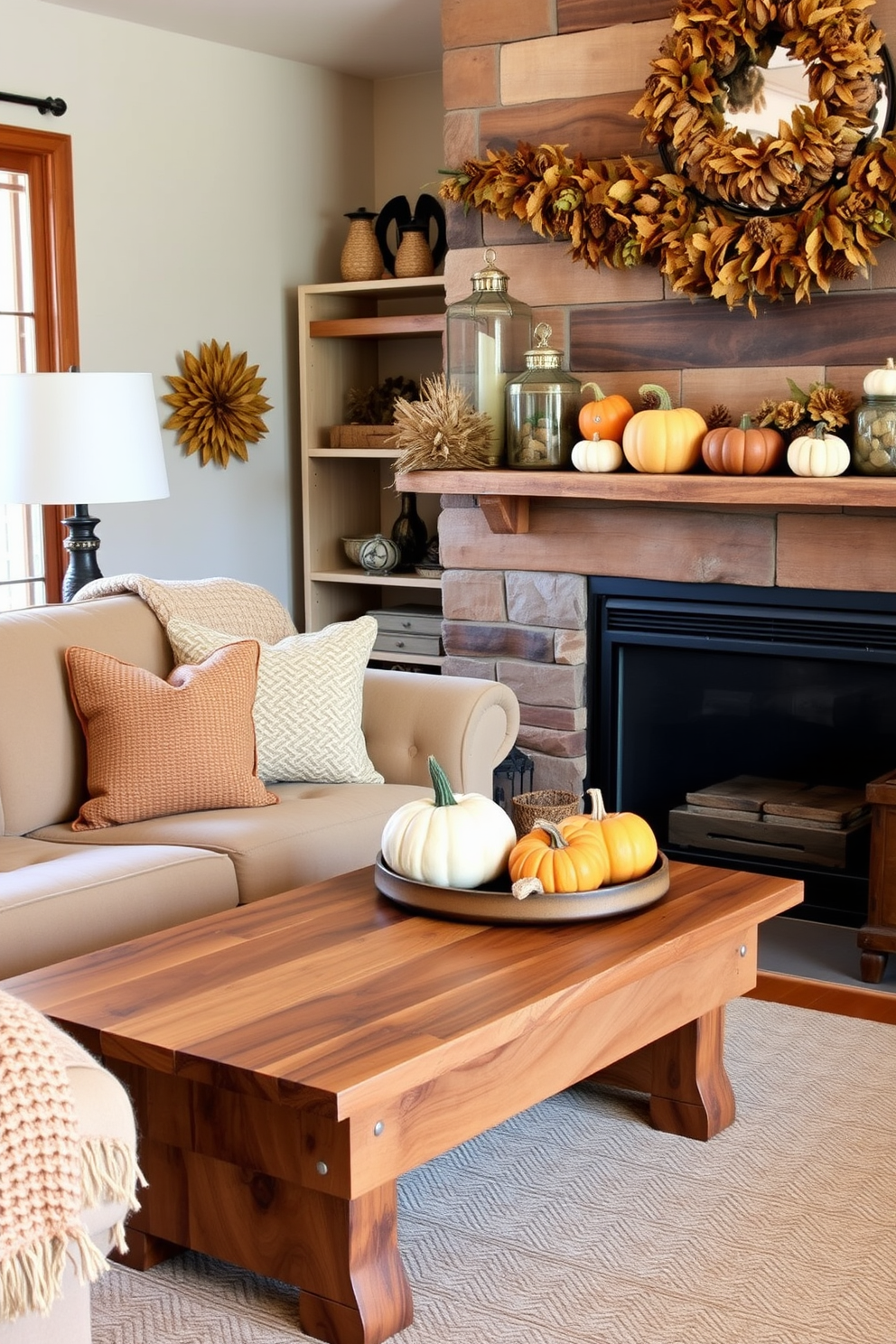 A cozy living room adorned with rustic wooden accents creates a warm and inviting atmosphere. The space features a reclaimed wood coffee table, complemented by a plush beige sofa and a woven throw blanket draped over the armrest. Autumn-inspired decor enhances the ambiance with seasonal touches. Pumpkins of various sizes are placed on the mantel, while a garland of dried leaves and pinecones hangs above the fireplace.