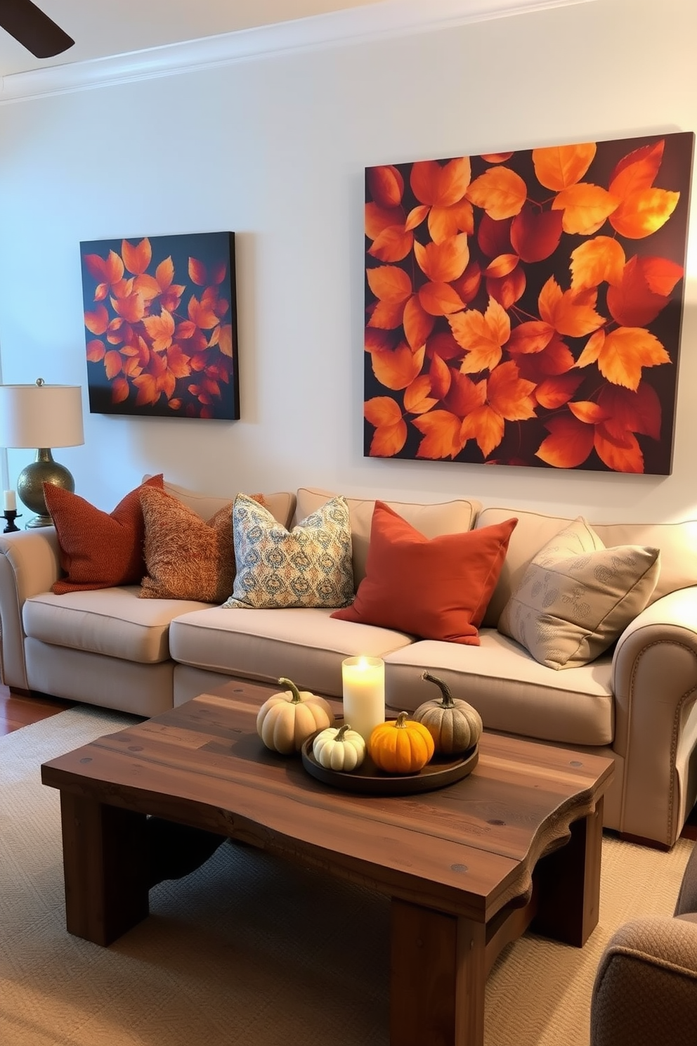 A cozy living room adorned with nature-inspired wall art featuring vibrant fall colors. The artwork showcases leaves in shades of orange, red, and gold, creating a warm and inviting atmosphere. Plush throw pillows in earthy tones are scattered across a soft beige sofa. A rustic wooden coffee table sits in the center, decorated with small pumpkins and a scented candle, enhancing the autumnal theme.