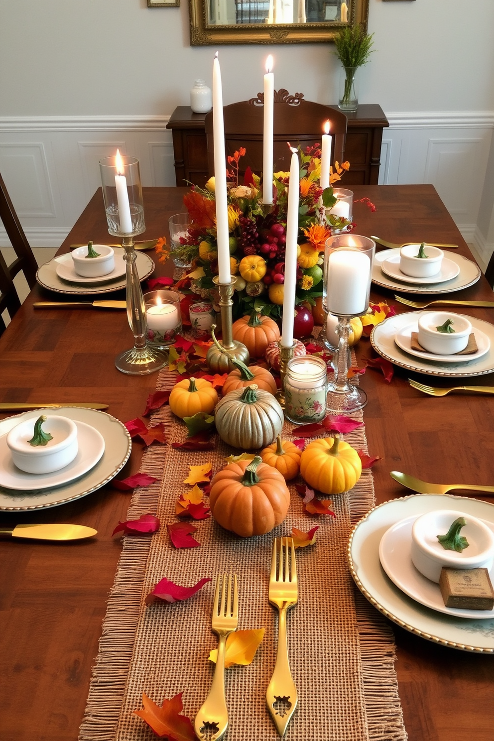 A warm and inviting dining table is set for a harvest-themed meal. The table is adorned with a rustic burlap table runner, surrounded by elegant ceramic plates and golden cutlery. Colorful autumn leaves and mini pumpkins are scattered across the table, adding a festive touch. Flickering candles in glass holders create a cozy ambiance, while a centerpiece of seasonal fruits and flowers completes the look.