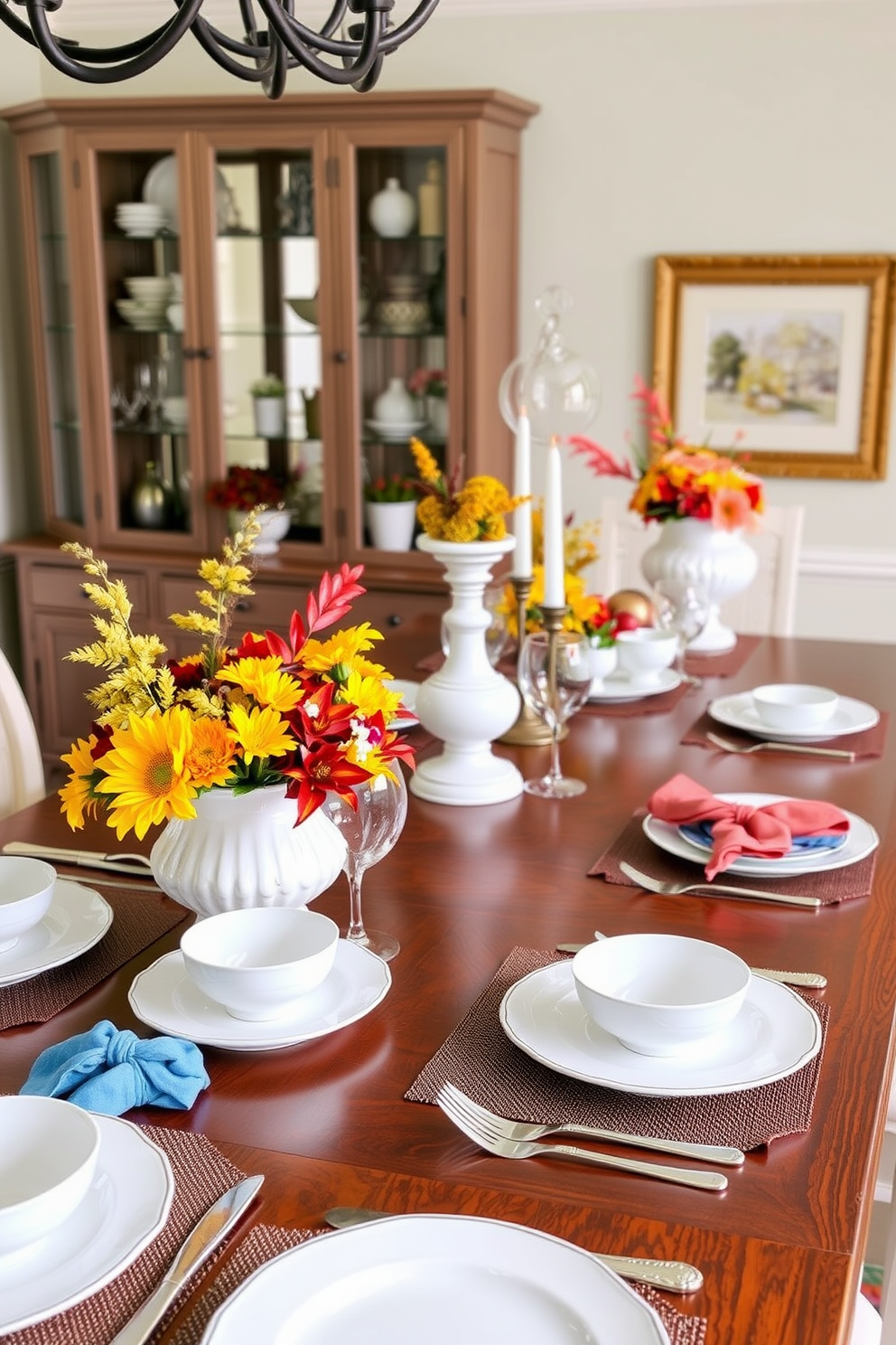 A crisp white dinnerware set is beautifully arranged on an elegant wooden dining table. Colorful accents in the form of vibrant napkins and decorative centerpieces bring warmth and cheer to the fall dining room atmosphere.