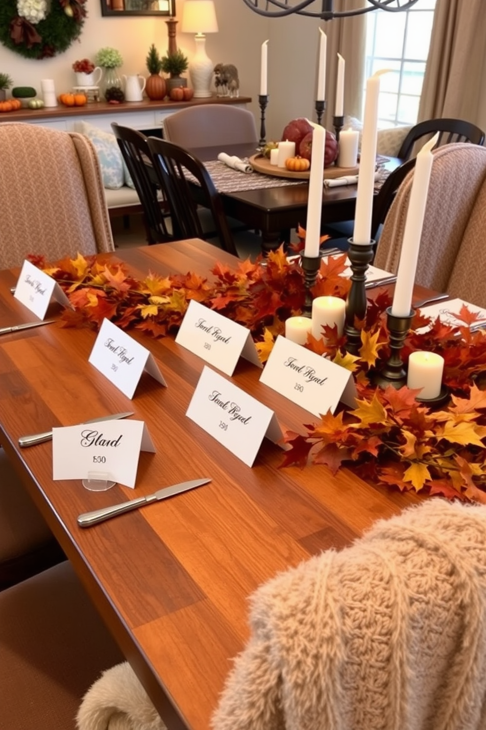 Handmade place cards elegantly arranged on a beautifully set dining table. The table features a rustic wooden surface adorned with autumn leaves and candles for a warm ambiance. A cozy fall dining room filled with rich colors and textures. Plush cushions and a soft throw blanket on the chairs complement the seasonal decor, creating an inviting atmosphere.