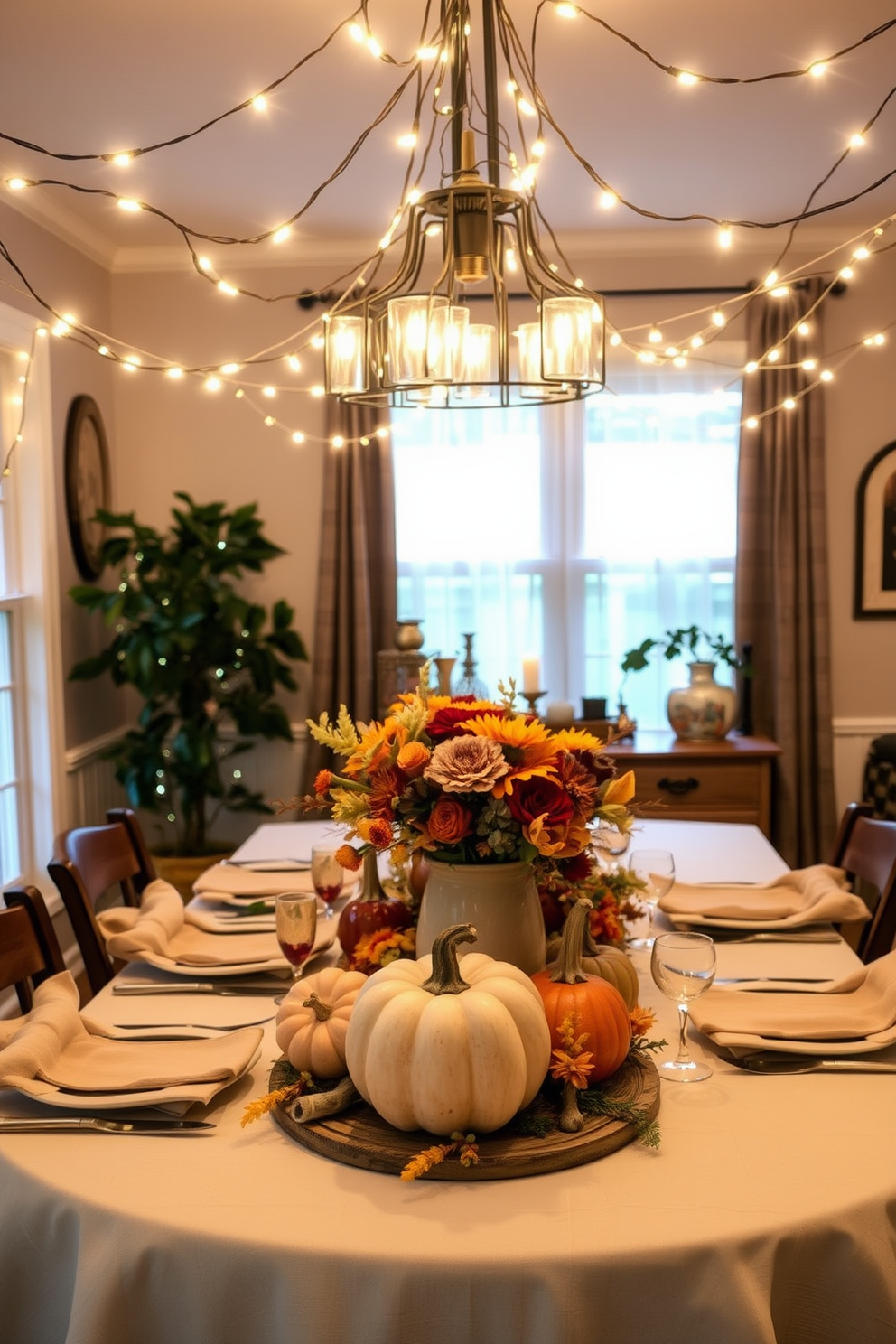 A cozy dining room setting adorned with warm lighting created by string lights draped overhead. The table is set with autumn-themed decor, featuring a centerpiece of pumpkins and seasonal flowers.