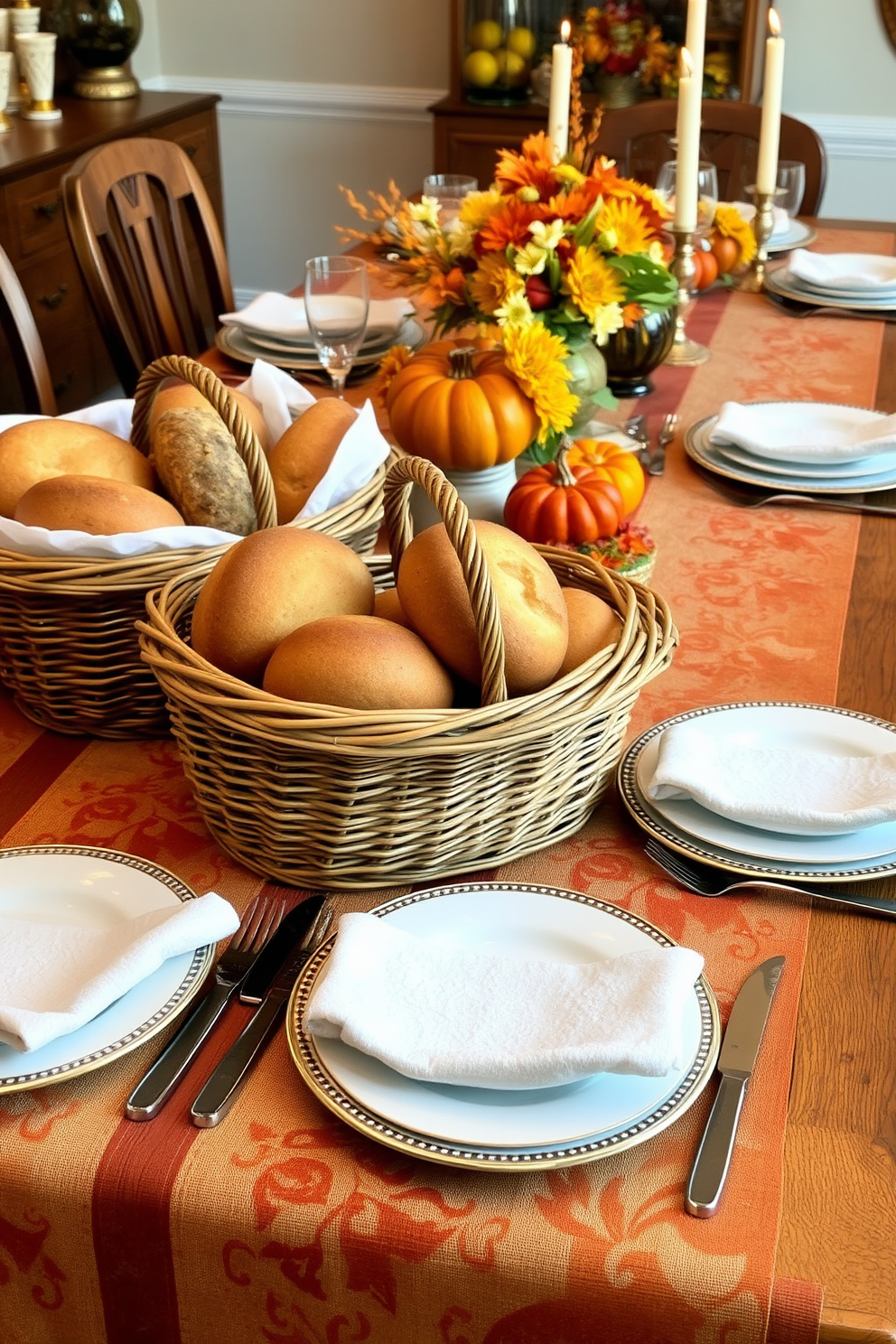 Charming wicker baskets filled with freshly baked bread and rolls are placed on a rustic wooden dining table. The table is adorned with a warm autumn-themed tablecloth, featuring shades of orange and gold, complemented by elegant dinnerware and seasonal centerpieces.