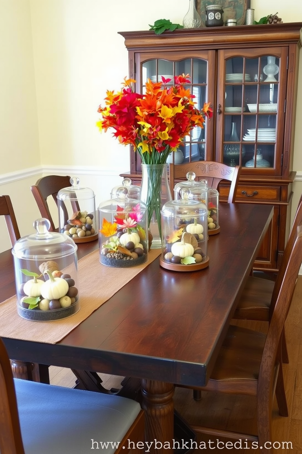 A cozy dining room features a rustic wooden table set for a fall gathering. On the table, glass cloches display an assortment of seasonal decor, including mini pumpkins, colorful leaves, and acorns, creating a warm and inviting atmosphere. The walls are painted in a soft cream color, complementing the rich tones of the wooden furniture. A centerpiece of vibrant autumn flowers in a simple vase adds a touch of elegance to the seasonal theme.