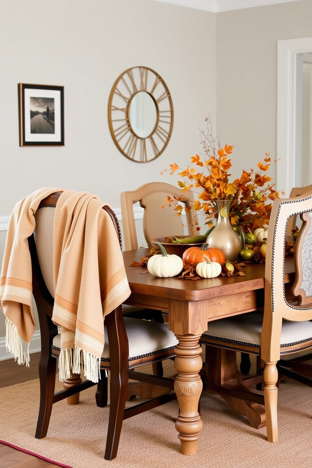 Cozy throws are draped over the backs of elegant dining chairs, adding warmth and texture to the space. A rustic wooden dining table is adorned with seasonal decorations, featuring pumpkins and autumn leaves to create a welcoming atmosphere.