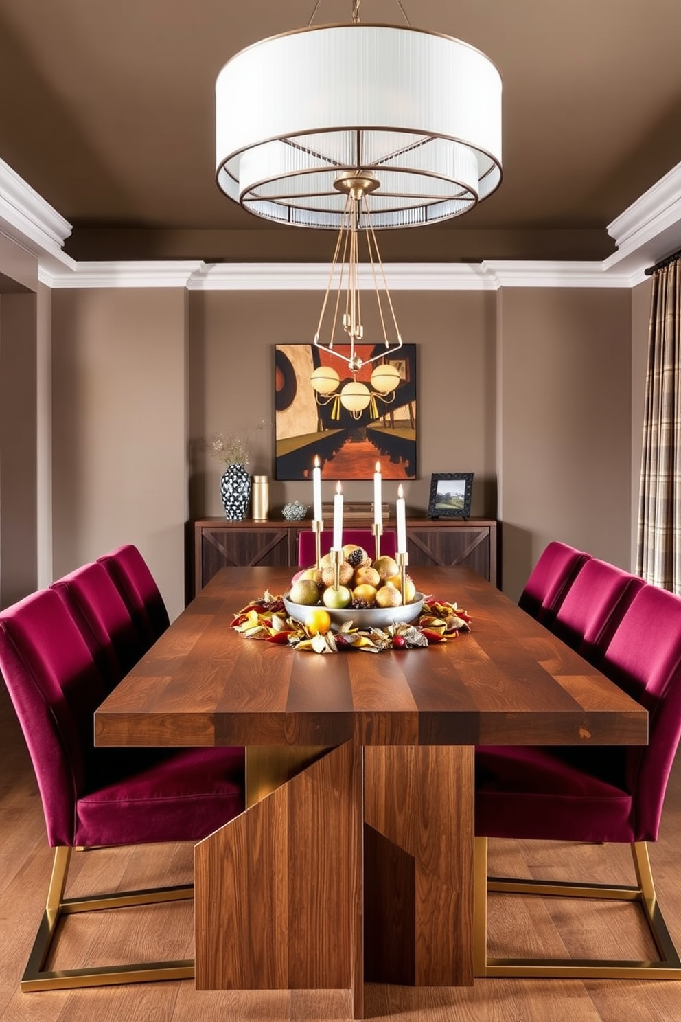 A modern dining room featuring a large wooden table with mixed metal accents such as brass and stainless steel. The chairs are upholstered in a rich burgundy fabric, and a statement chandelier with a geometric design hangs above the table. The walls are painted in a warm taupe color, creating a cozy atmosphere. To enhance the fall theme, a centerpiece of seasonal fruits and candles is placed on the table, surrounded by decorative autumn leaves.