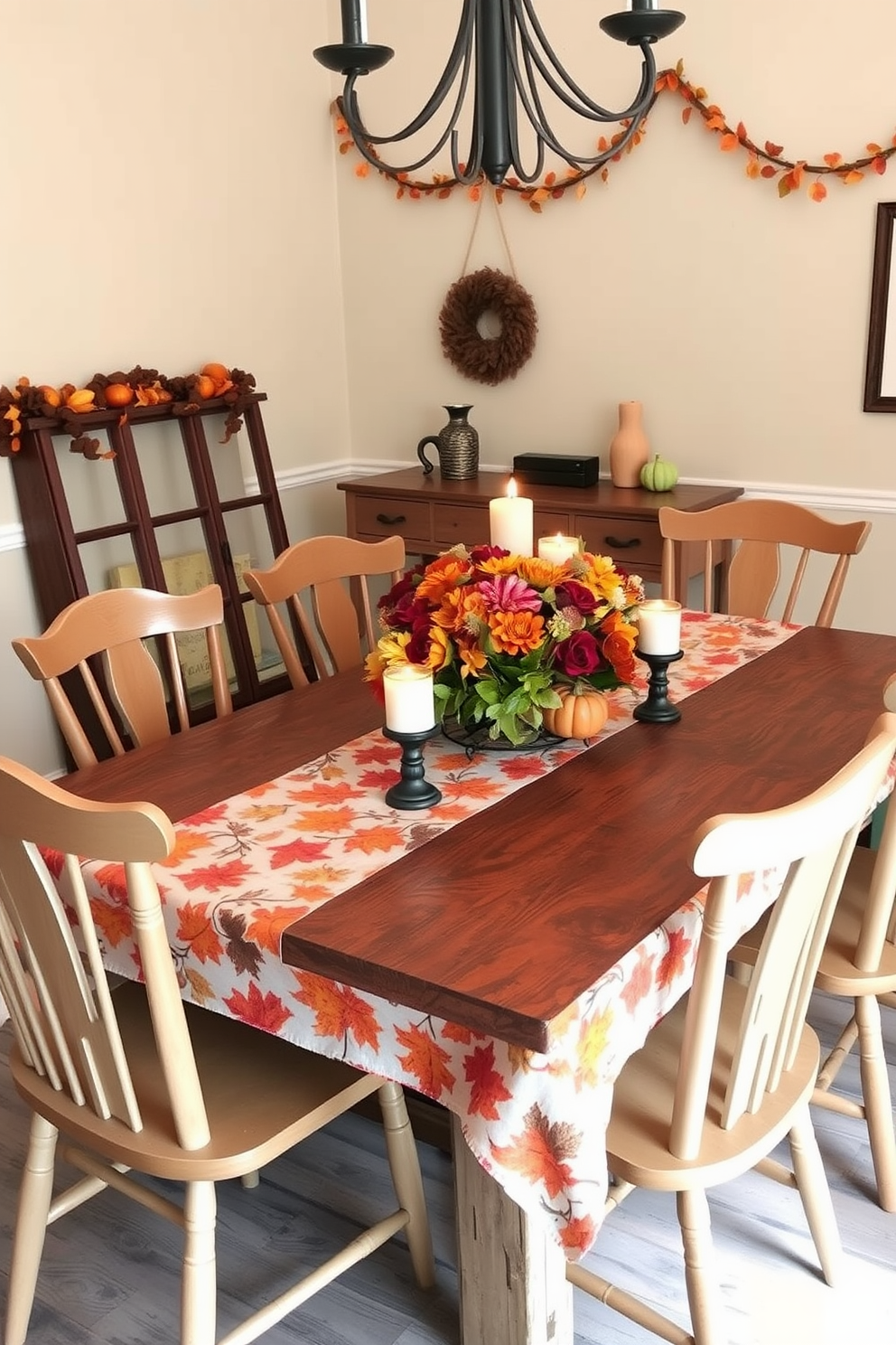 A cozy fall dining room featuring a rustic wooden table adorned with a vibrant autumn-themed tablecloth. Surrounding the table are mismatched chairs in warm tones, and on the table, pumpkin spice scented candles create a welcoming ambiance. The walls are painted in a soft cream color, complemented by seasonal decor such as garlands of leaves and miniature pumpkins. A centerpiece of fresh flowers in autumn hues adds a touch of elegance to the inviting space.