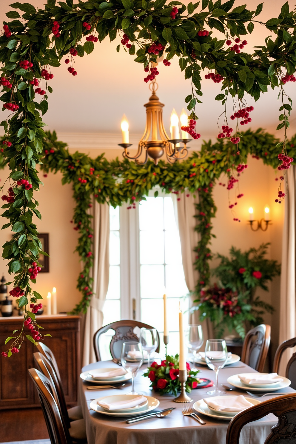 A cozy dining room adorned with hanging garlands of lush green leaves and vibrant red berries. The table is set with elegant dinnerware, and a warm glow from candles creates an inviting atmosphere.