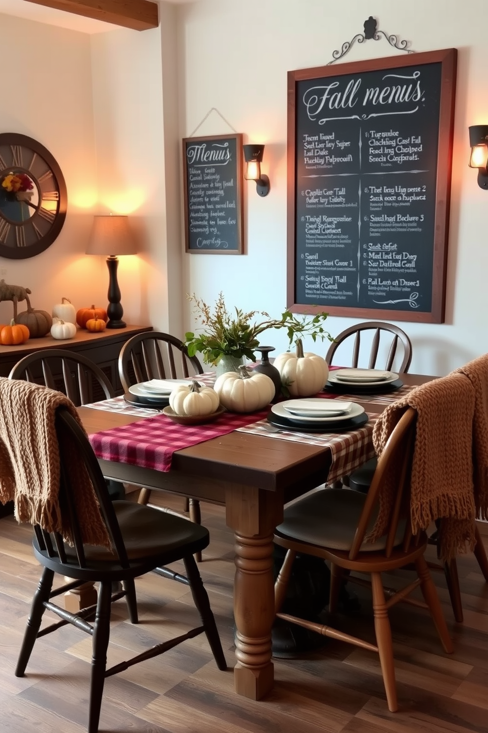 A cozy fall dining room setting featuring a rustic wooden table adorned with a plaid tablecloth. Surrounding the table are mismatched chairs, each draped with a warm knitted throw for added comfort. On the wall, chalkboard menus display the evening's special dishes in elegant handwriting. Soft amber lighting casts a warm glow over the room, enhancing the autumnal decor of pumpkins and seasonal foliage.