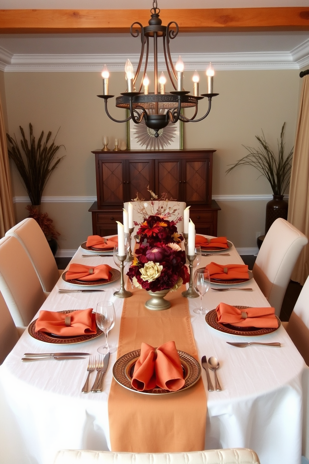 A cozy dining room setting adorned with neutral linens that create a warm and inviting atmosphere. The table is elegantly set with bold autumn-colored accents such as deep orange napkins and rich burgundy centerpieces. Surrounding the table are comfortable chairs upholstered in soft fabrics that complement the seasonal palette. Soft lighting from a rustic chandelier enhances the inviting feel, making it perfect for gatherings during the fall season.