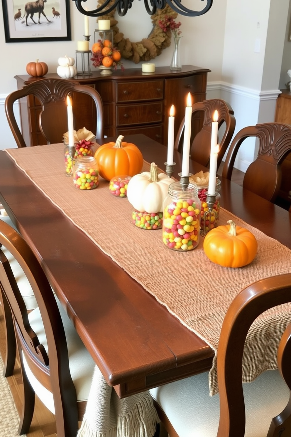 A cozy fall dining room setting. The table is adorned with a rustic table runner and glass jars filled with colorful candies, creating a festive atmosphere. Surrounding the table are elegant wooden chairs with soft cushions. Warm autumnal colors dominate the decor, with pumpkin centerpieces and flickering candles enhancing the inviting ambiance.