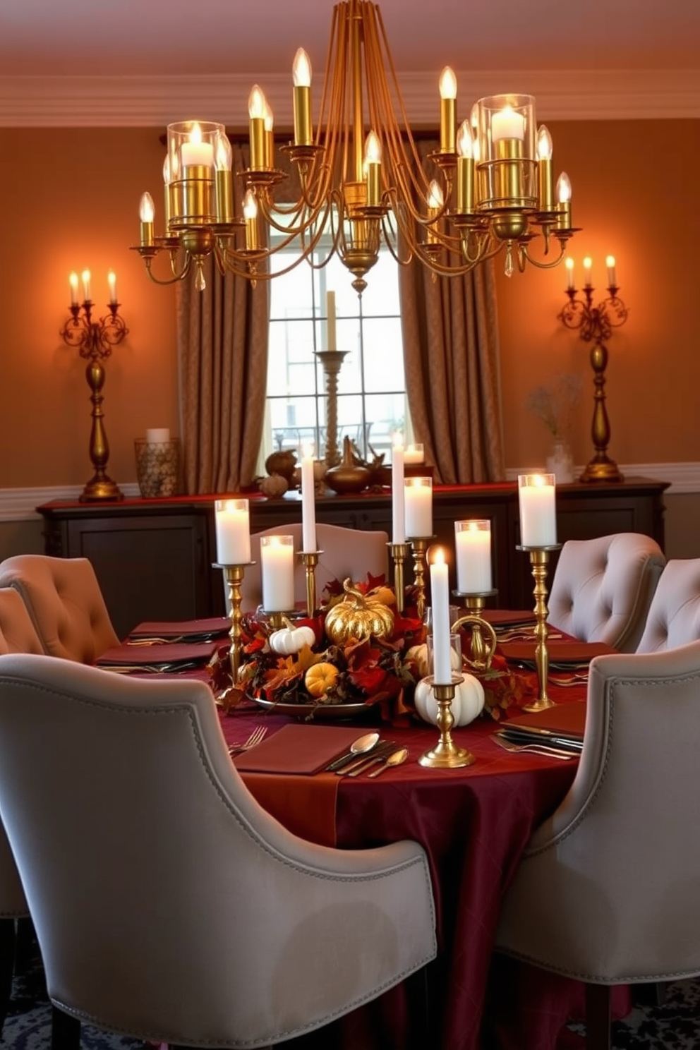 A warm and inviting dining room adorned with golden candle holders that create an elegant ambiance. The table is set with a rich, deep-colored tablecloth and surrounded by plush chairs, inviting guests to gather for a cozy fall meal. Autumn-inspired decor elements like small pumpkins and seasonal foliage are artfully arranged on the table. Soft, ambient lighting enhances the golden glow of the candle holders, making the space feel intimate and welcoming.