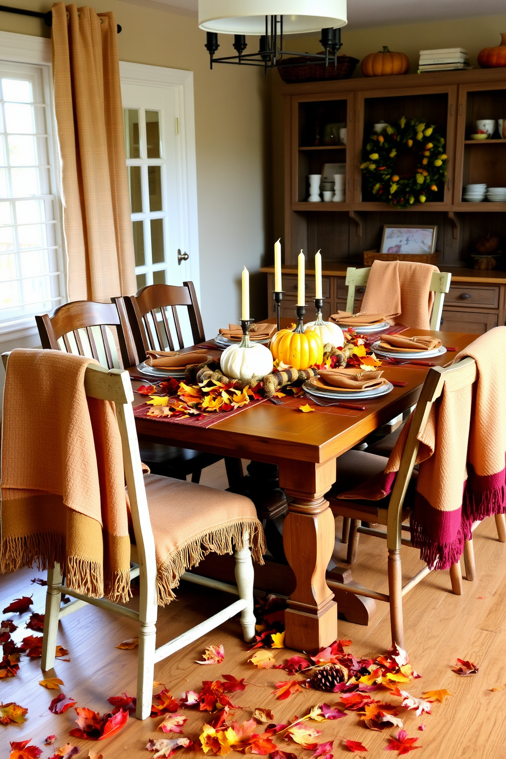 A cozy dining room adorned with a rustic wooden table set for an autumn feast. Surrounding the table are mismatched chairs, each draped with soft, warm throws in rich earth tones. On the table, vibrant autumn leaves are scattered, adding a natural touch to the setting. A centerpiece of pumpkins and candles creates a warm, inviting atmosphere for family gatherings.