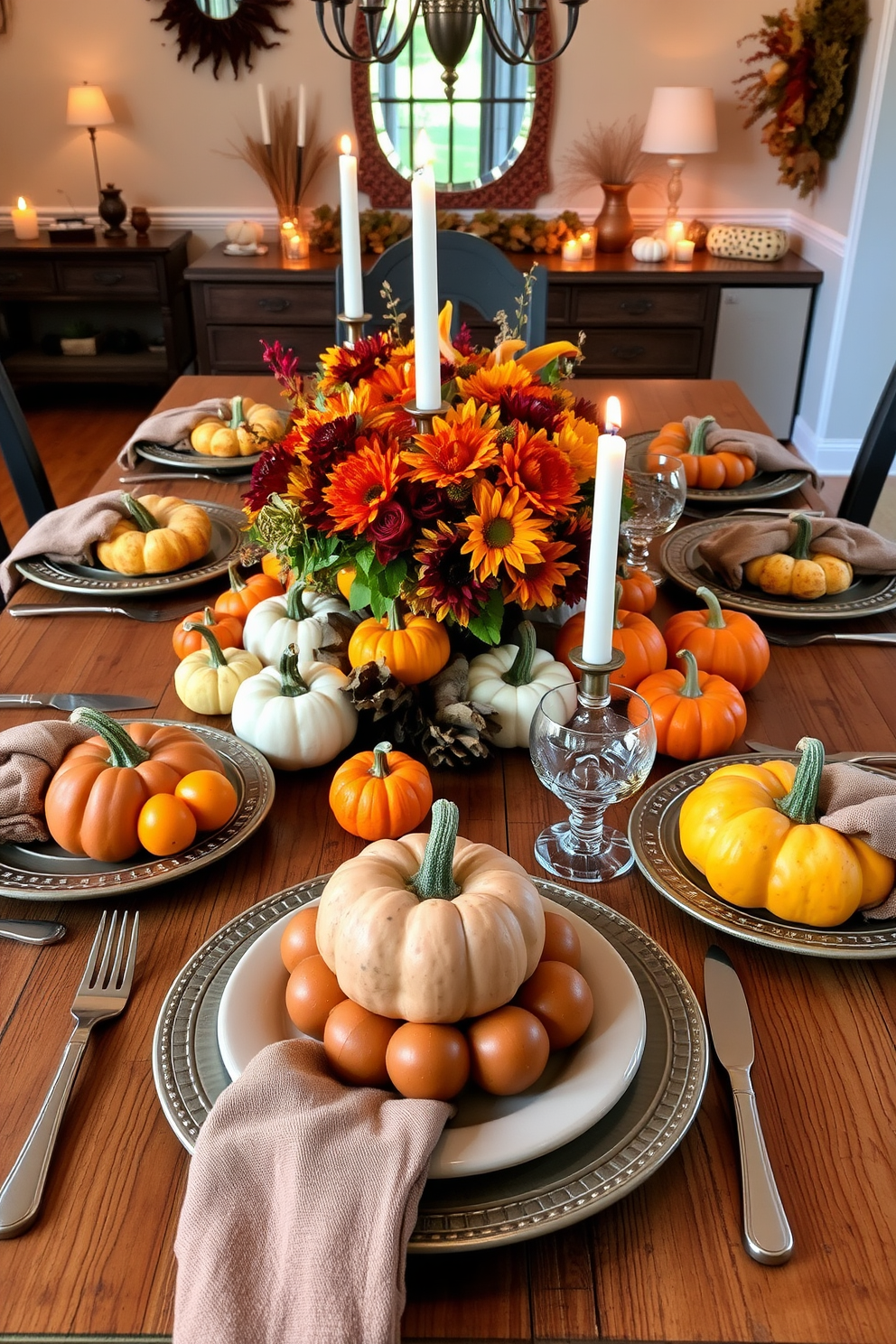 Harvest themed place settings featuring an assortment of mini gourds arranged artistically on a rustic wooden table. The table is adorned with warm autumn colors, including deep oranges and rich browns, complemented by elegant tableware and flickering candlelight. The backdrop includes a cozy dining room with soft lighting and seasonal decorations like dried leaves and small pumpkins. A centerpiece of vibrant flowers and more mini gourds ties the whole look together, creating an inviting atmosphere for fall gatherings.