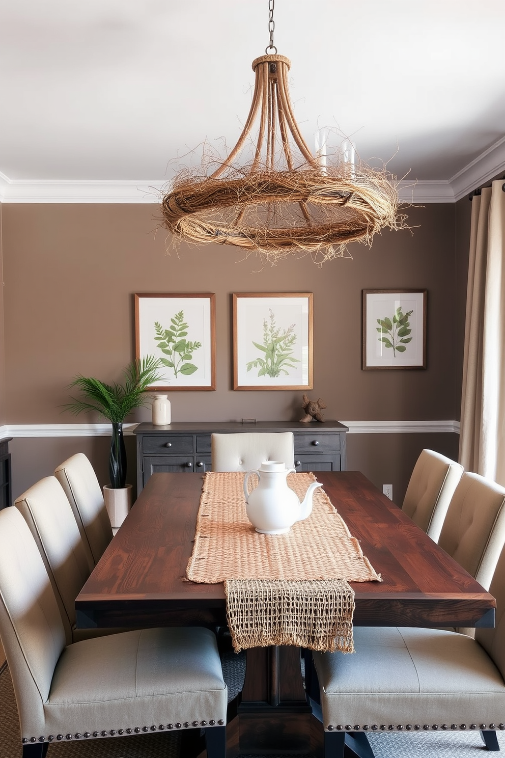 A cozy dining room featuring an earthy color palette with warm browns and soft greens. The wooden dining table is surrounded by upholstered chairs in muted tones, creating an inviting atmosphere. Above the table, a rustic chandelier made of natural materials provides soft lighting. The walls are adorned with framed botanical prints, and a woven table runner adds texture to the setting.