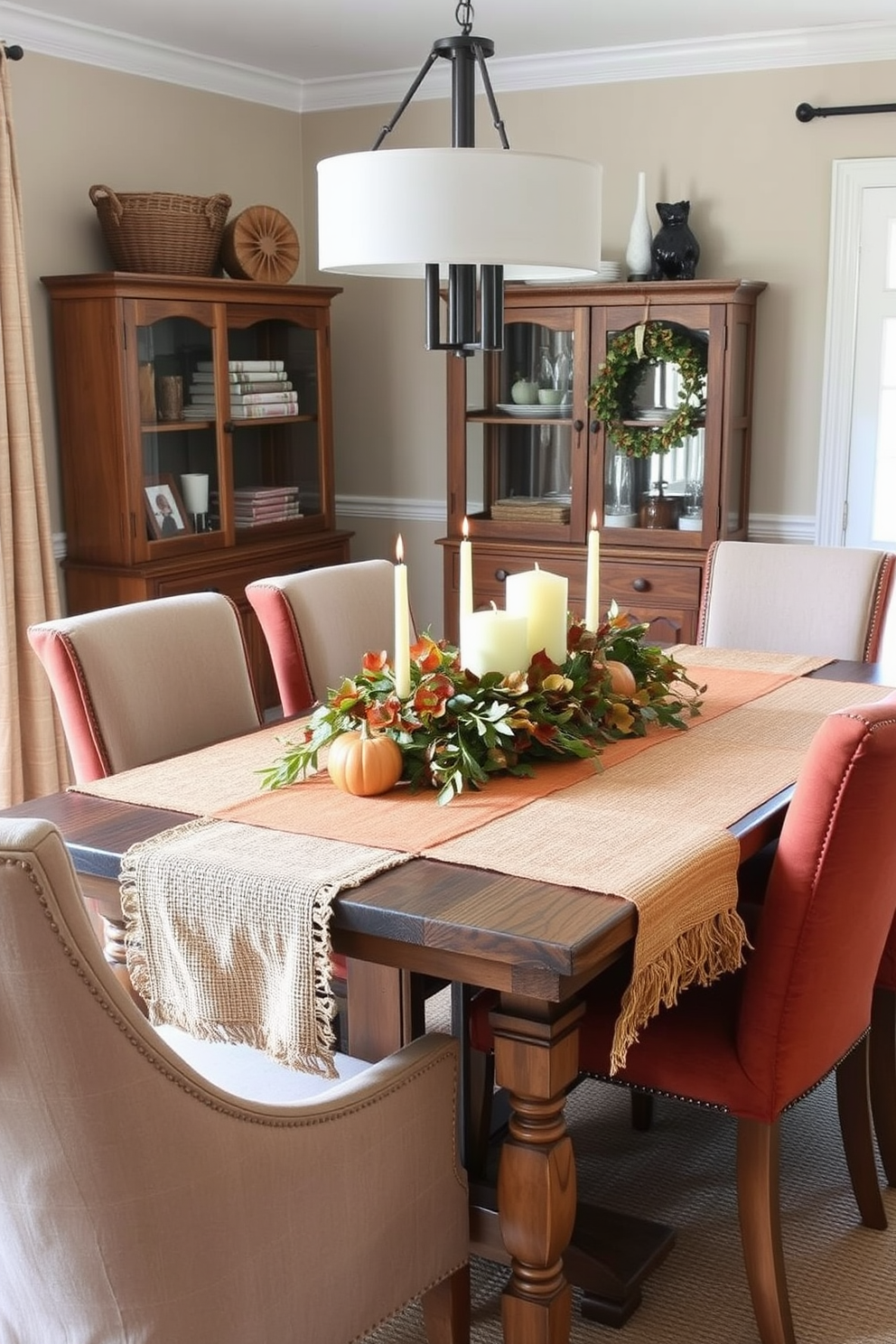 A cozy fall dining room features a wooden dining table adorned with layered textures from woven tablecloths in warm autumn hues. Surrounding the table are upholstered chairs in rich earth tones, complemented by a centerpiece of seasonal foliage and candles.