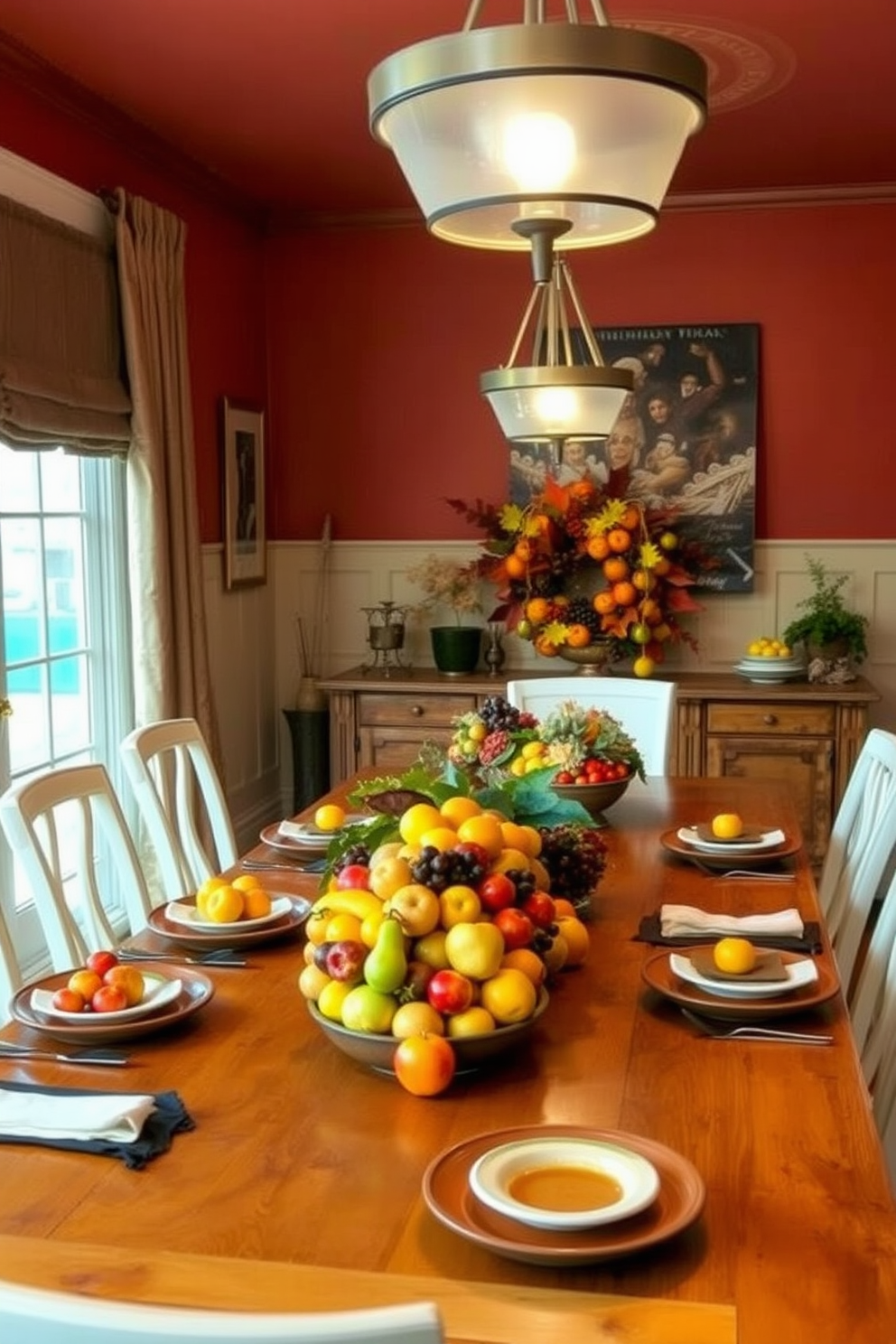 A cozy fall dining room is adorned with a stunning seasonal fruit display. A large wooden table is beautifully set with an array of colorful fruits in rustic bowls, surrounded by warm-toned tableware. The walls are painted in rich autumn hues, enhancing the inviting atmosphere. Soft lighting from elegant pendant fixtures casts a warm glow, making the space feel intimate and welcoming.