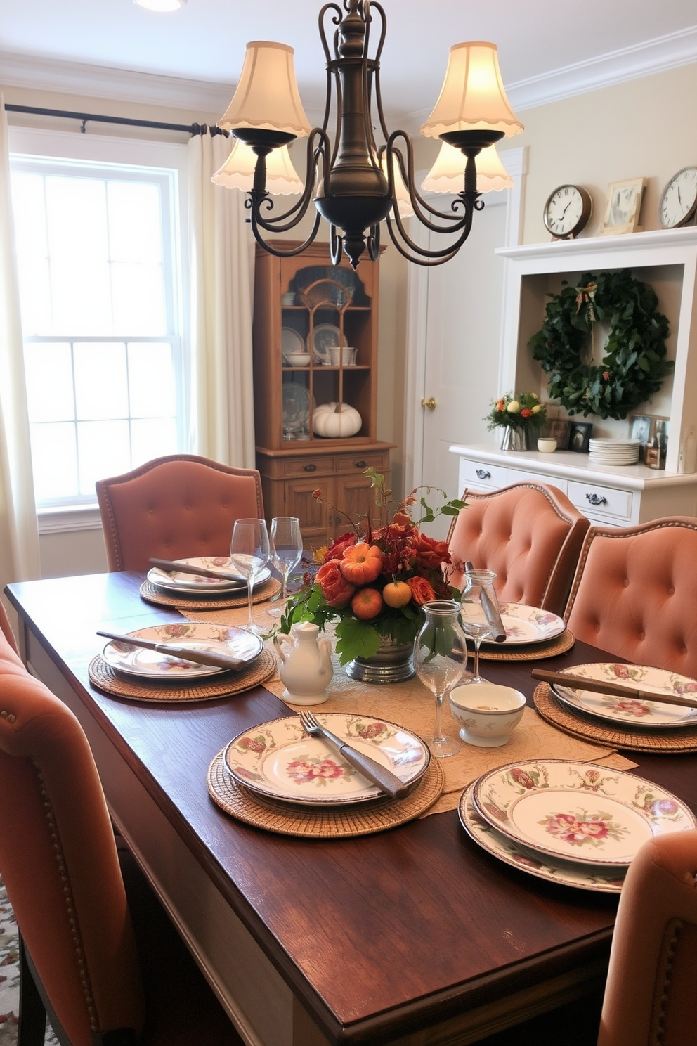 A cozy fall dining room is adorned with vintage dishes that add a charming touch to the setting. The table is set with mismatched china plates, each featuring intricate floral patterns, and accompanied by rustic wooden utensils. Soft, warm lighting hangs overhead, casting a gentle glow on the table. Surrounding the table, plush upholstered chairs in rich autumn colors invite guests to sit and enjoy the seasonal feast.