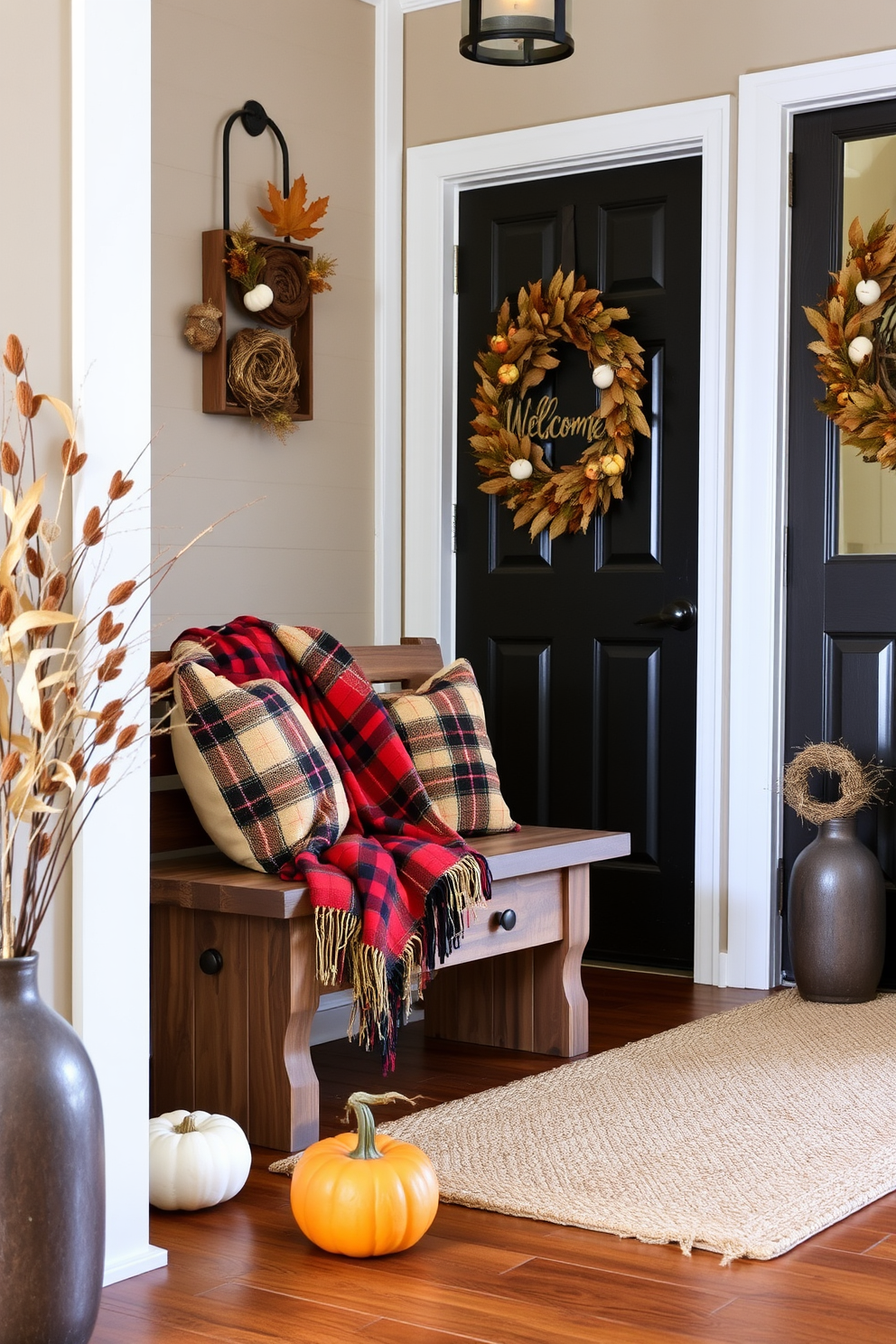 A cozy entryway adorned with a warm plaid throw blanket casually draped over a rustic wooden bench. The space features a welcoming atmosphere with autumn decorations, including pumpkins and a wreath made of dried leaves hanging on the door.