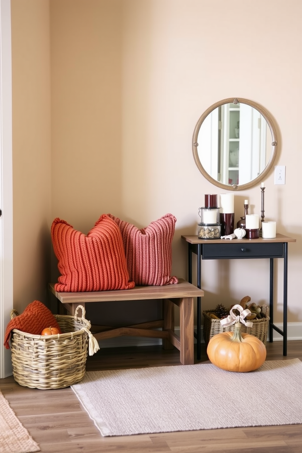 Cozy knit pillows in warm hues are arranged on a rustic wooden bench in the entryway. A woven basket filled with seasonal decorations sits beside the bench, enhancing the inviting atmosphere. The walls are adorned with a soft beige paint, creating a warm backdrop for the decor. A small console table displays a collection of autumn-themed candles and a decorative mirror above it, reflecting the cozy ambiance.