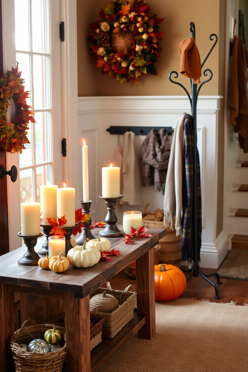 A cozy entryway adorned with autumn-scented candles creates an inviting atmosphere. The candles are arranged on a rustic wooden table, surrounded by seasonal decorations like small pumpkins and colorful leaves. Warm, earthy tones dominate the space, with a soft, woven rug underfoot. A stylish coat rack stands nearby, draped with cozy scarves and hats, enhancing the welcoming vibe of the fall season.