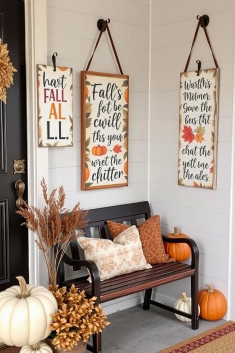 Hanging signs adorned with fall-themed quotes create a warm and inviting atmosphere in your entryway. These signs can feature rustic designs with rich autumn colors, complementing the seasonal decor. Incorporate natural elements like pumpkins and dried leaves alongside the signs for a cohesive look. A cozy bench or chair can provide a perfect spot to enjoy the fall ambiance while welcoming guests.