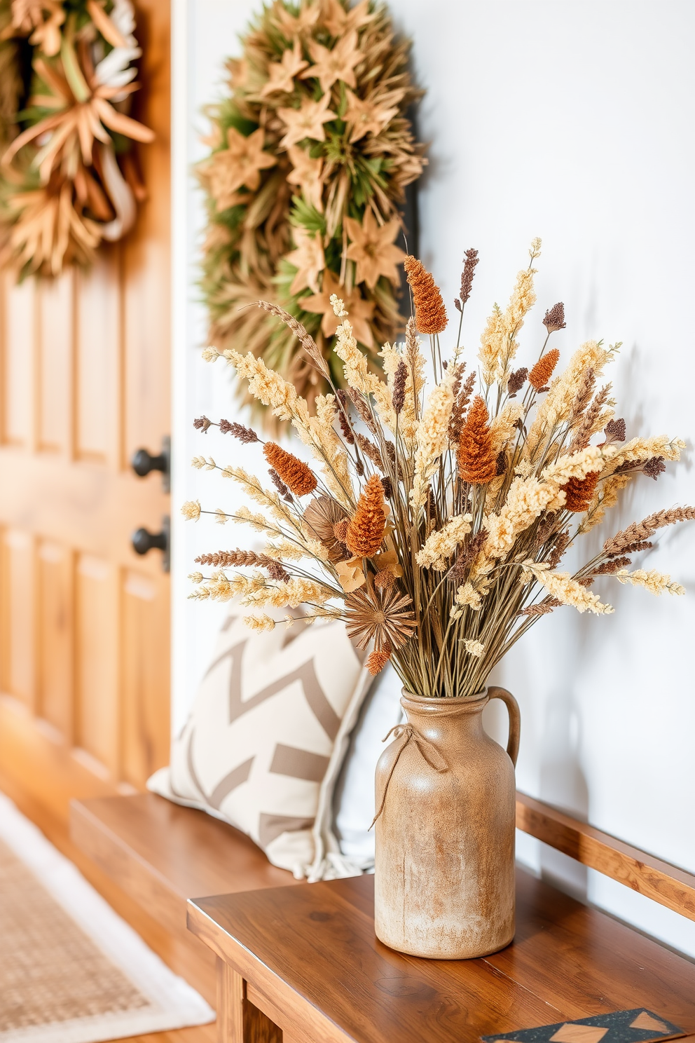 A charming fall entryway adorned with dried flowers in a rustic vase. The warm tones of the flowers complement the natural wood of the entryway bench, creating a welcoming atmosphere.