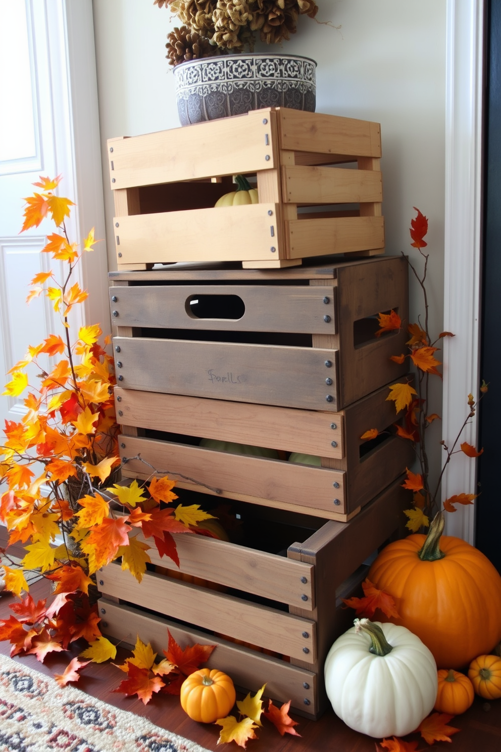 Decorative wooden crates are stacked in a cozy fall entryway, providing both storage and a rustic charm. Surrounding the crates are vibrant autumn leaves and small pumpkins, creating a warm and inviting atmosphere.