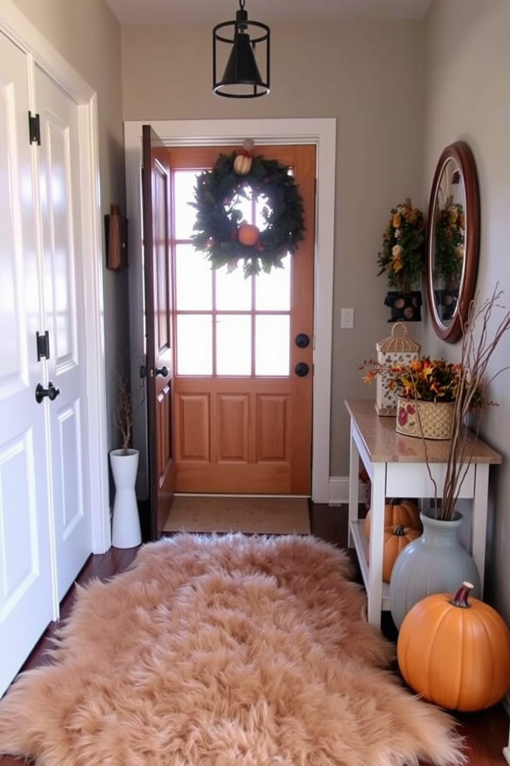 A cozy fall entryway featuring a faux fur rug that adds warmth and texture to the space. The entry is adorned with seasonal decorations like pumpkins and autumn leaves, creating a welcoming atmosphere.