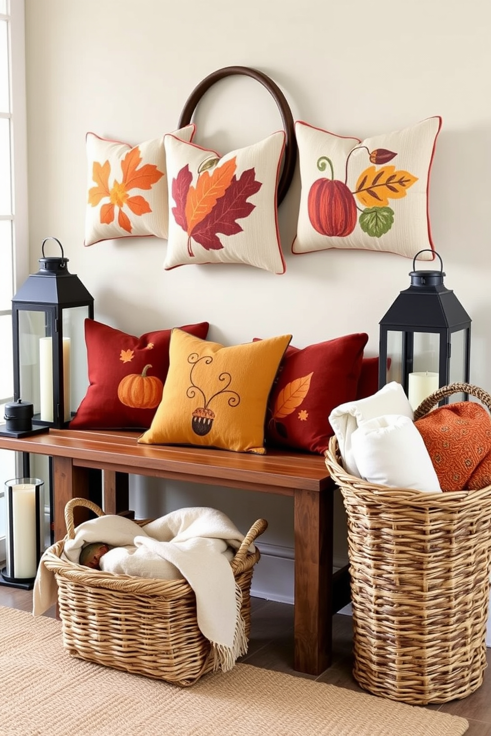 Seasonal throw pillows with fall motifs. The pillows feature warm colors like orange, burgundy, and mustard, adorned with leaves, pumpkins, and acorns. Fall entryway decorating ideas. A rustic wooden bench is placed against the wall, flanked by lanterns filled with candles and a woven basket of cozy blankets.