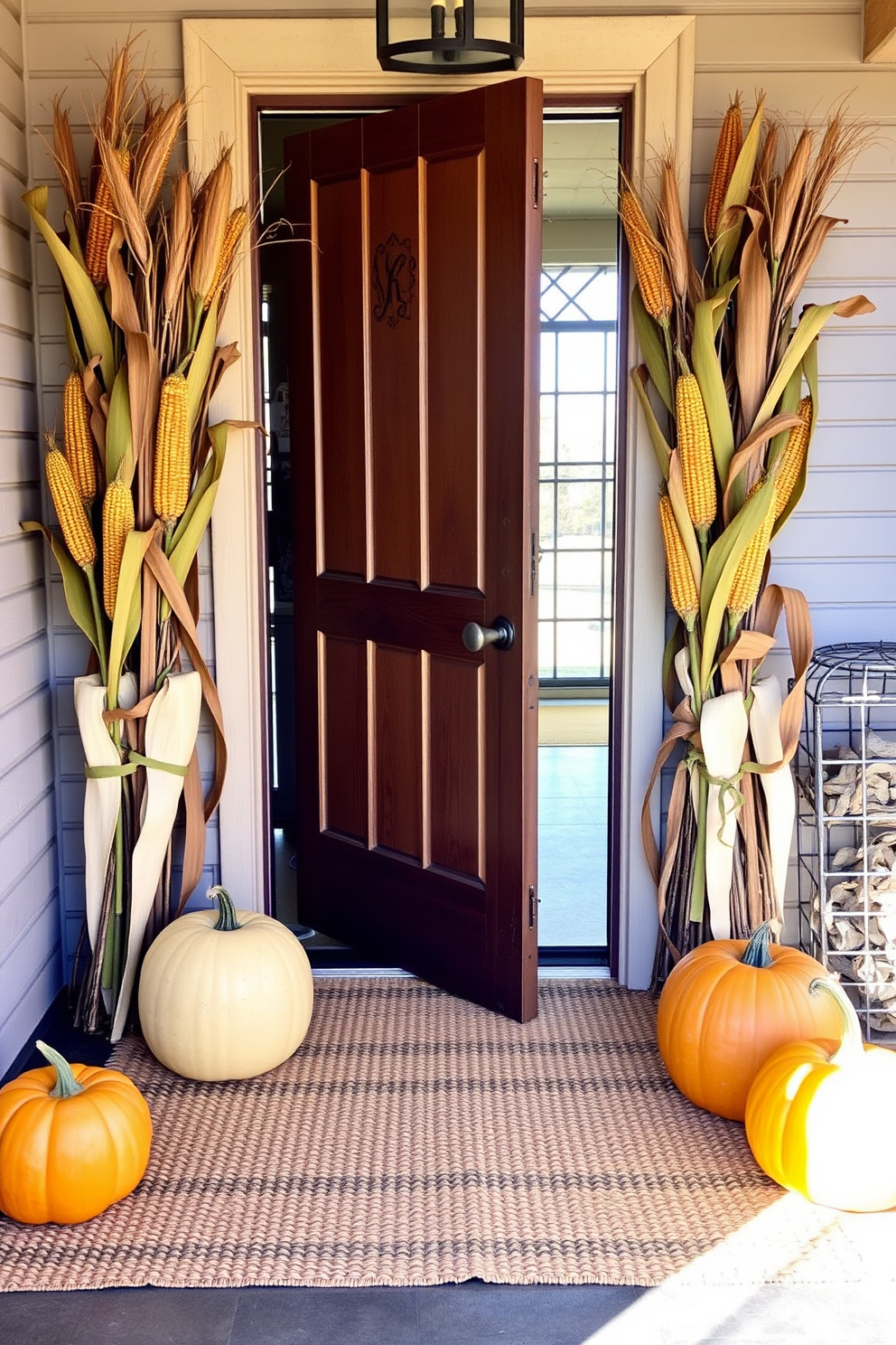 A warm and inviting entryway adorned with decorative corn stalks flanking a rustic wooden door. The floor is covered with a cozy woven rug, and seasonal pumpkins are artfully arranged on either side of the entrance.